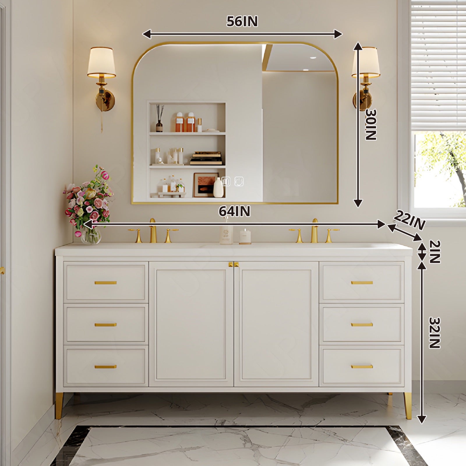 Elegant Bath Vanity Set, White, White Slate Top, Gold Accents, 52"-78", Double, Freestanding, Smart LED Mirror