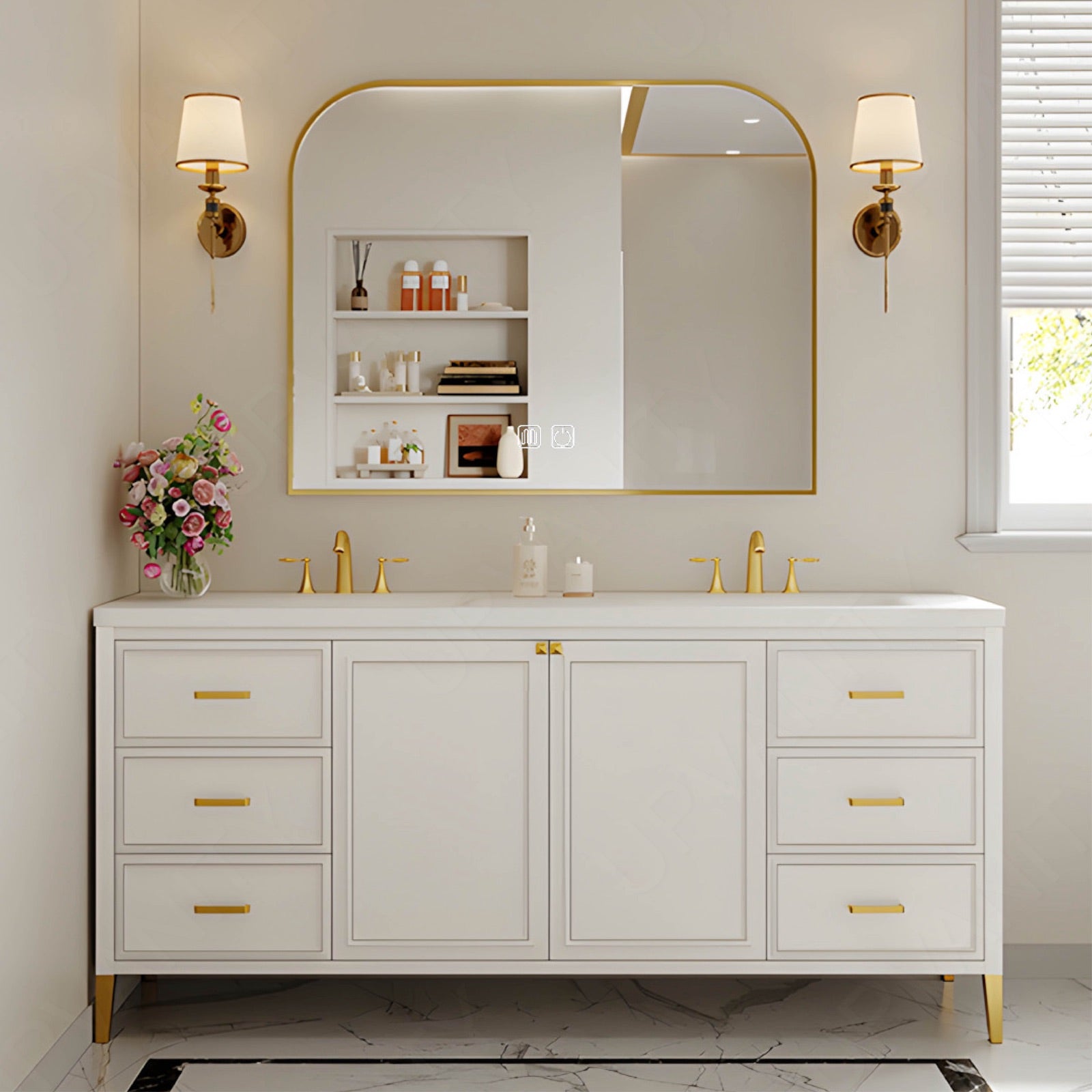 Elegant Bath Vanity Set, White, White Slate Top, Gold Accents, 52"-78", Double, Freestanding, Smart LED Mirror