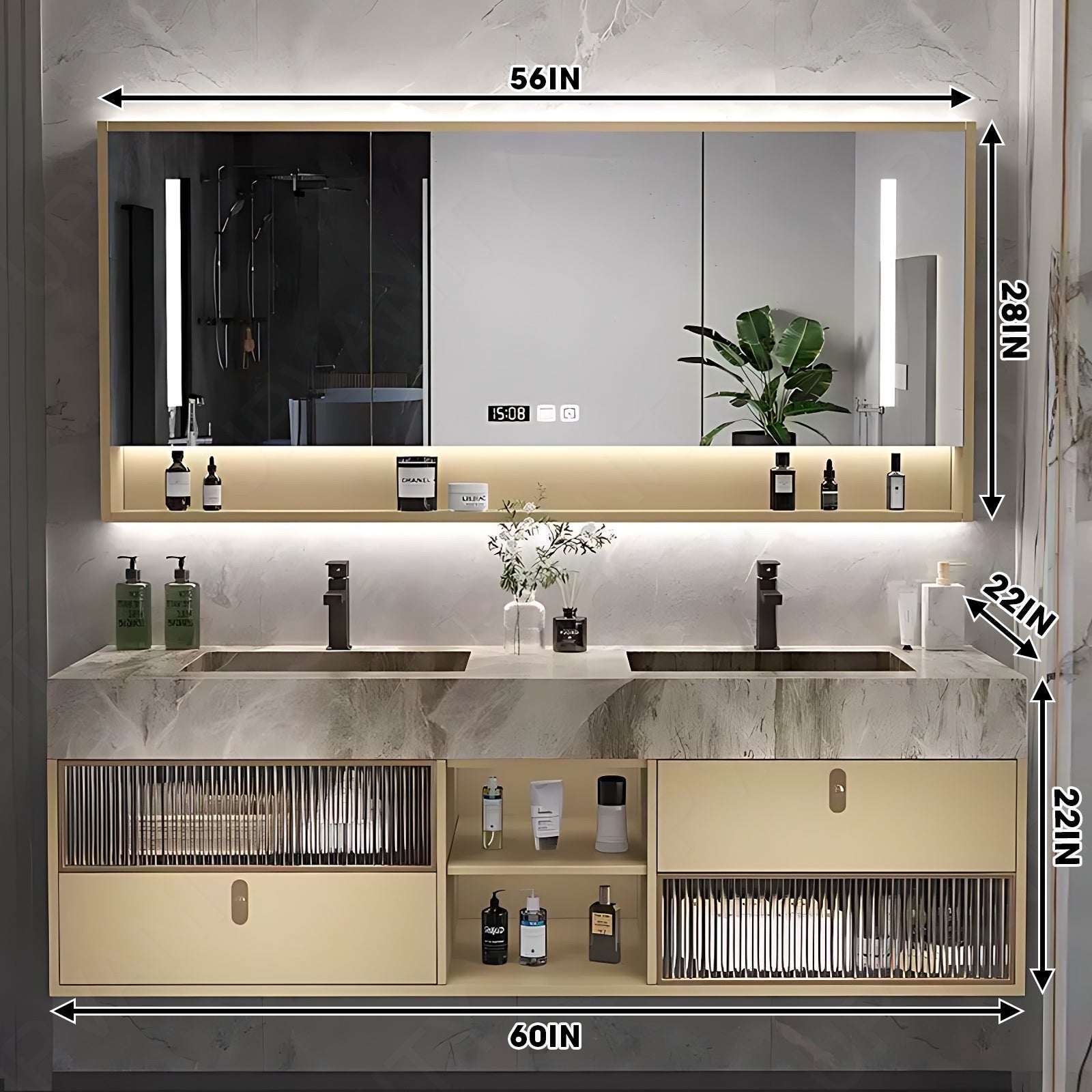 Elegant Bath Vanity Set, Yellow, Marble Textured Top, 36"-78", Single/Double, Floating, Glass Door, Smart LED Mirror, Rear Cabinet