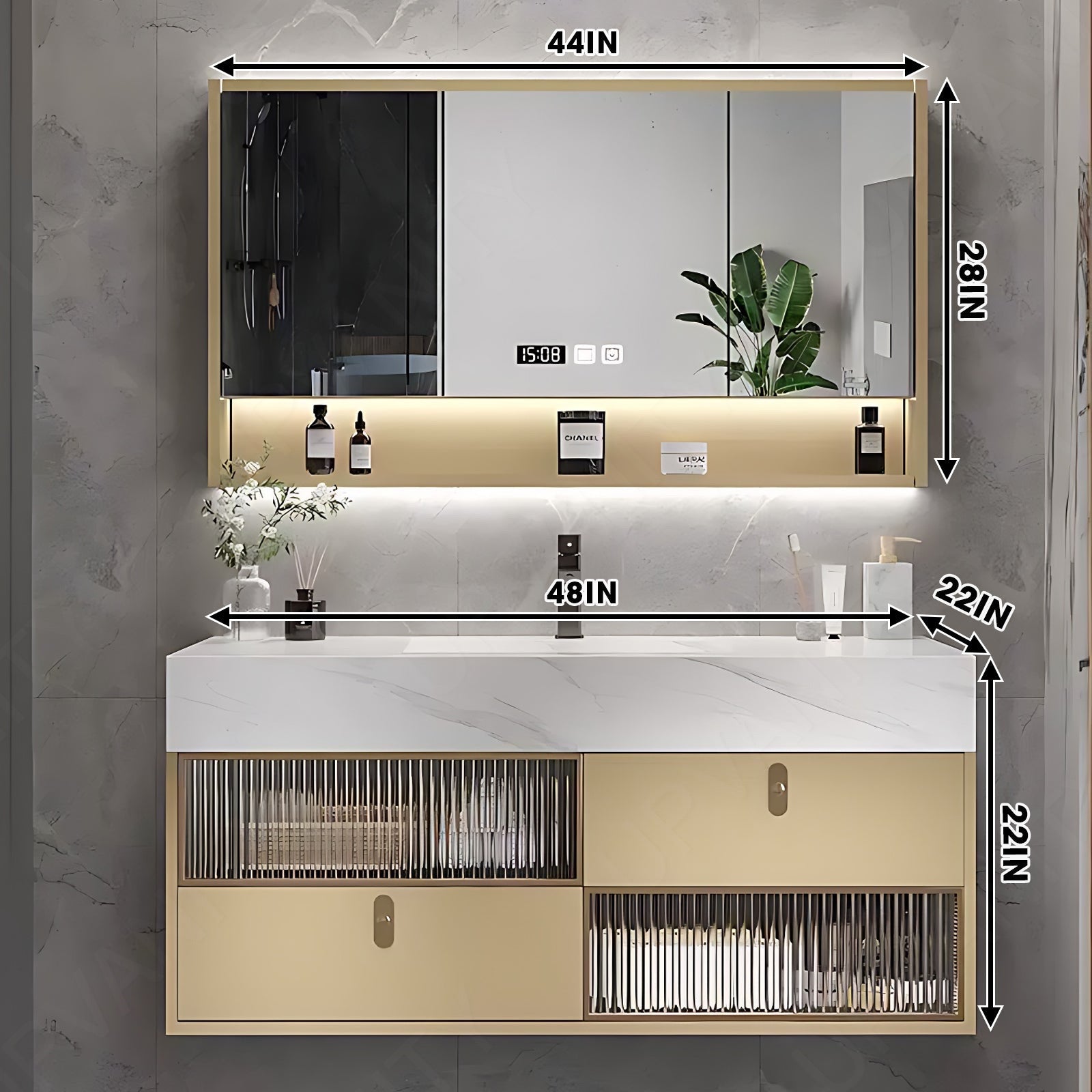 Elegant Bath Vanity Set, Yellow, Marble Textured Top, 36"-78", Single/Double, Floating, Glass Door, Smart LED Mirror, Rear Cabinet