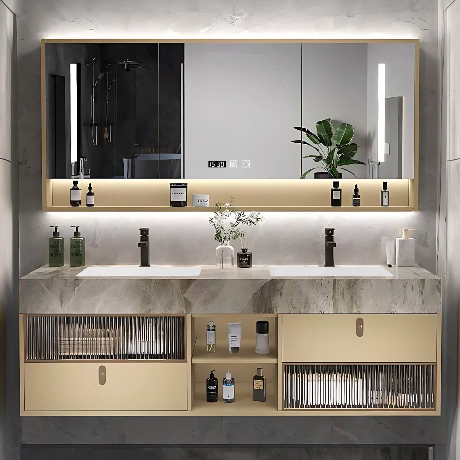 Elegant Bath Vanity Set, Yellow, Marble Textured Top, 36"-78", Single/Double, Floating, Glass Door, Smart LED Mirror, Rear Cabinet