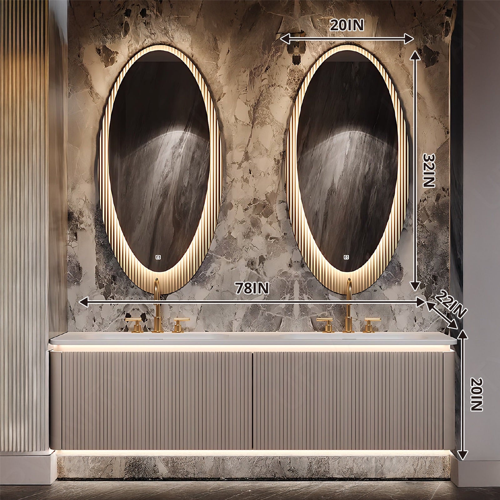 Luxury Bath Vanity Set, Beige, Striped Panel, 52"- 78", Double, Floating, Sensor Light, Dual Oval Smart LED Mirror