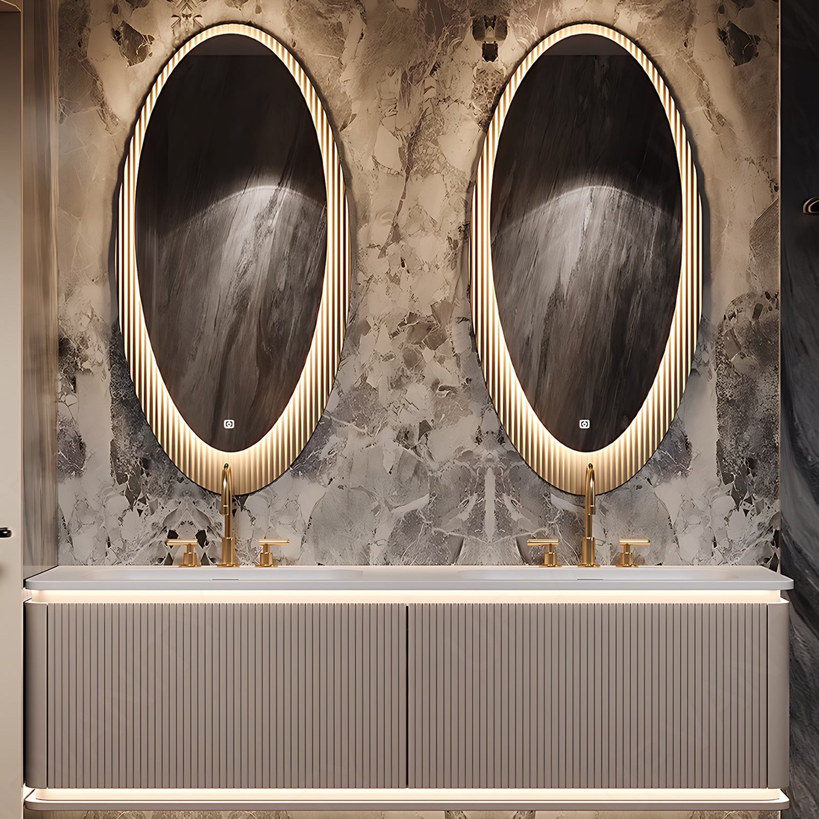 Luxury Bath Vanity Set, Beige, Striped Panel, 52"- 78", Double, Floating, Sensor Light, Dual Oval Smart LED Mirror