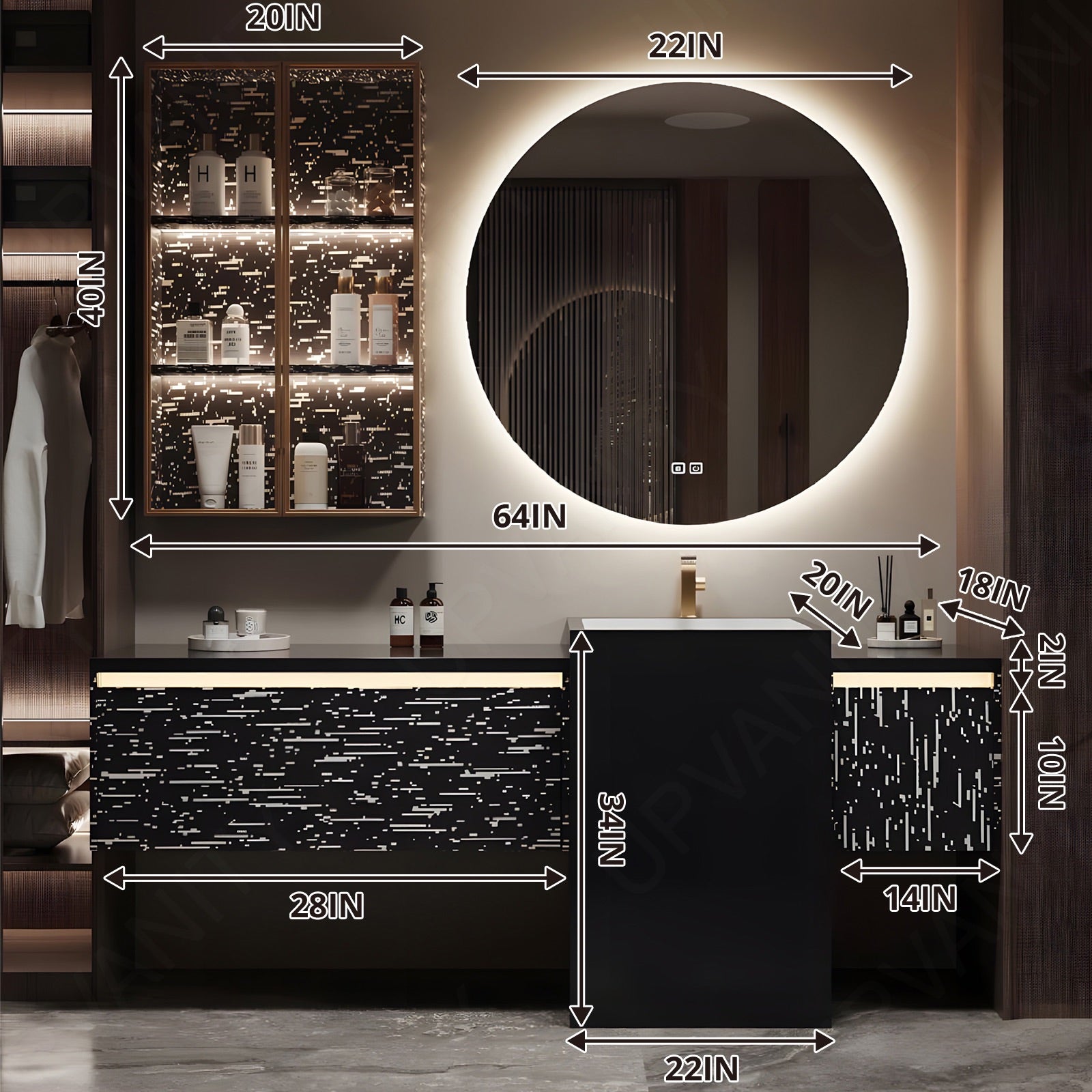 Luxury Bath Vanity Set, Black, Black Column, 64"-76", White Linear Pattern, Single, Freestanding, Round Smart LED Mirror, Side Cabinet, Sensor Light