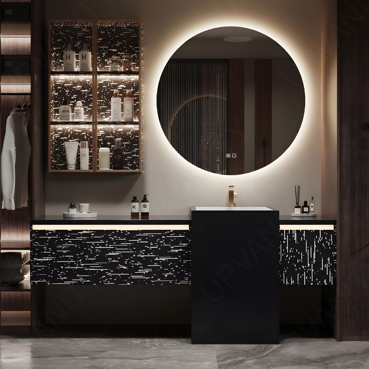 Luxury Bath Vanity Set, Black, Black Column, 64"-76", White Linear Pattern, Single, Freestanding, Round Smart LED Mirror, Side Cabinet, Sensor Light