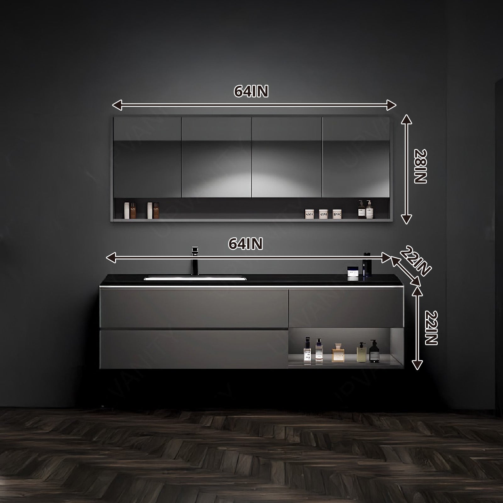 Luxury Bath Vanity Set, Black, Black Slate Top, Open Storage, 40"-64", Single, Floating, Smart LED Mirror, Rear Cabinet