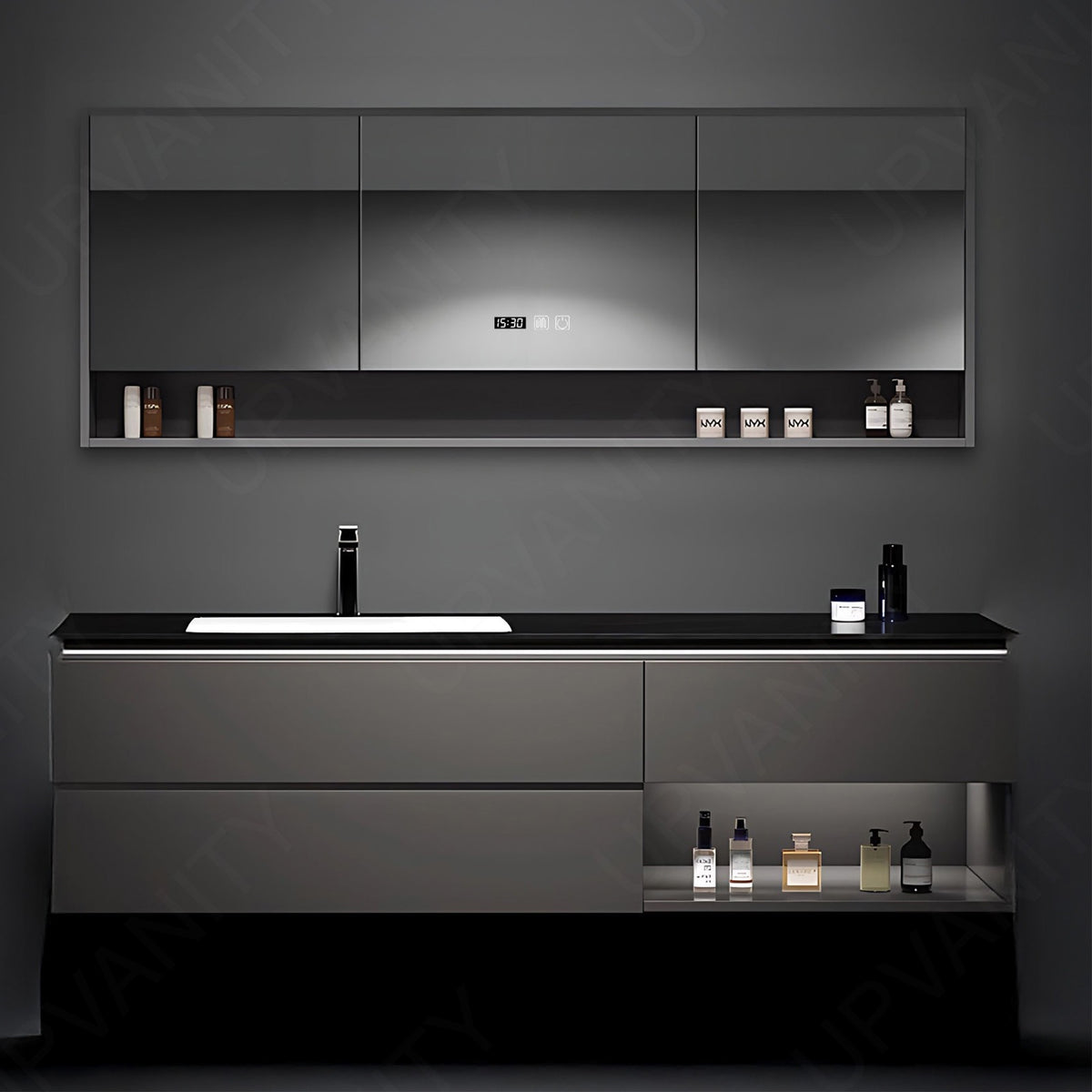 Luxury Bath Vanity Set, Black, Black Slate Top, Open Storage, 40"-64", Single, Floating, Smart LED Mirror, Rear Cabinet