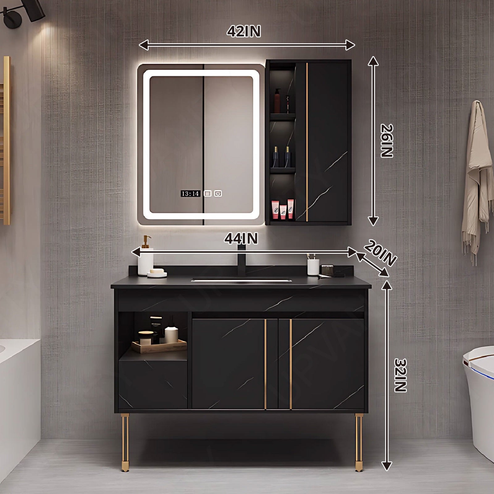 Luxury Bath Vanity Set, Black, Gold Accents, 32"-44", Single, Freestanding, Open Storage, Smart LED Mirror, Side Cabinet