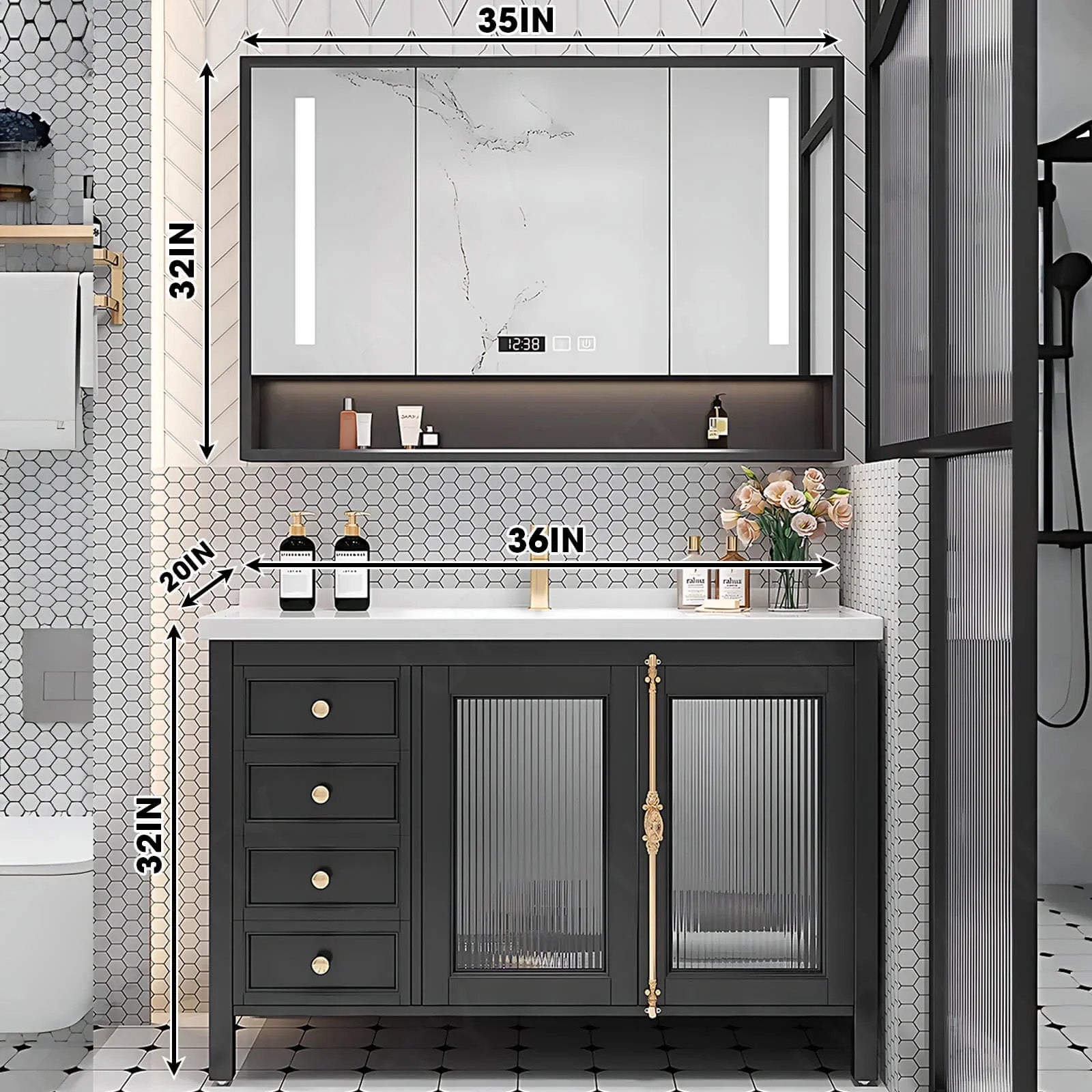 Luxury Bath Vanity Set, Black, Gold Accents, 36"- 48", Single, Freestanding, Smart LED Mirror, Rear Cabinet