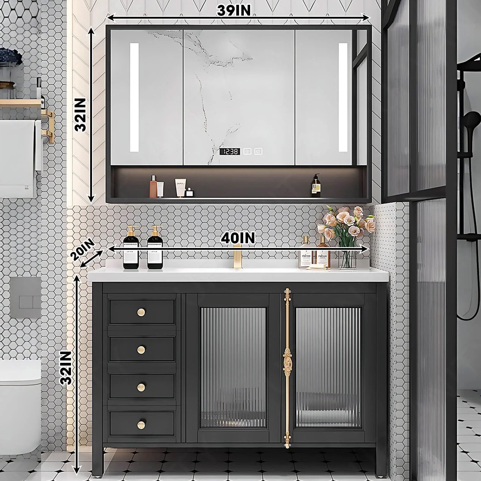 Luxury Bath Vanity Set, Black, Gold Accents, 36"- 48", Single, Freestanding, Smart LED Mirror, Rear Cabinet