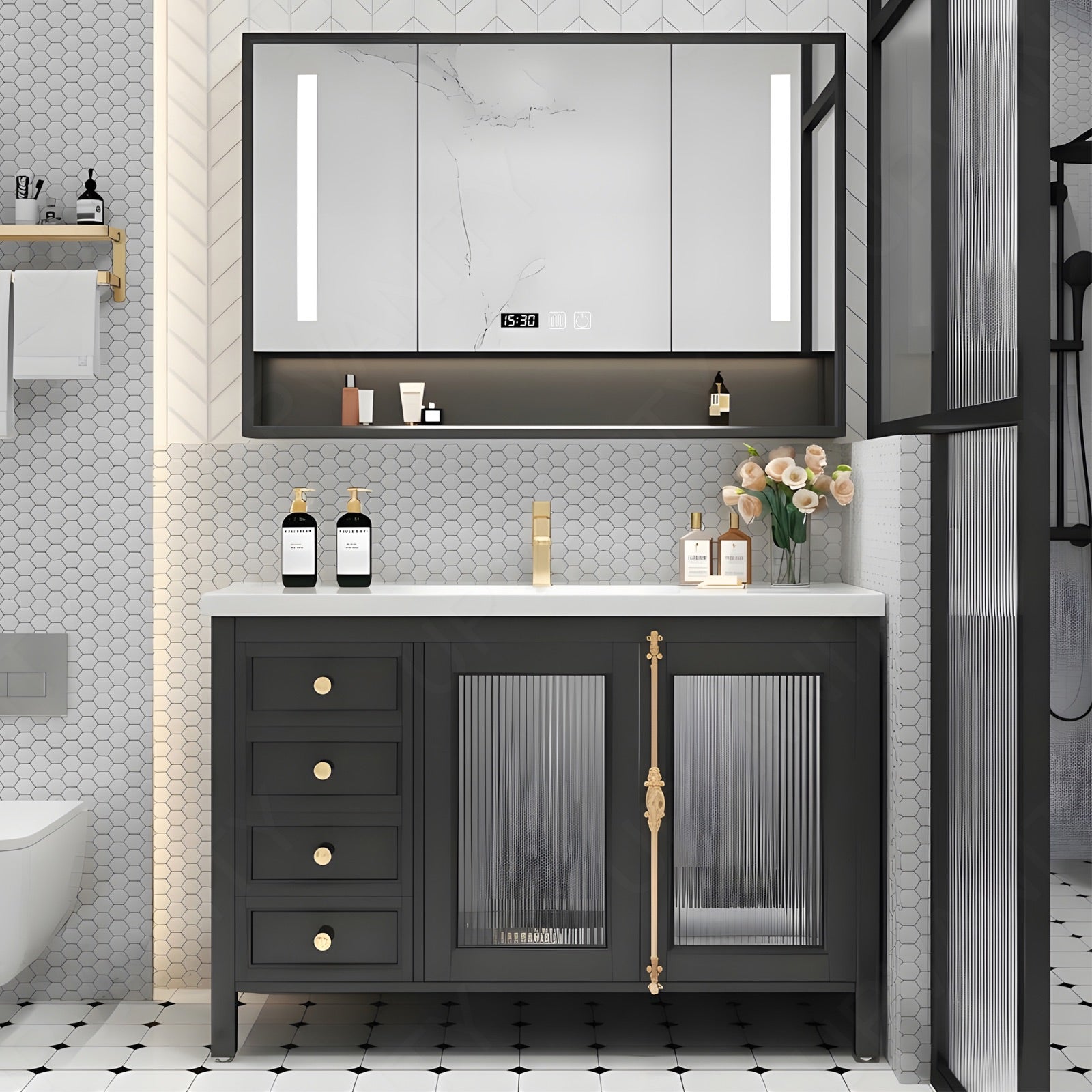 Luxury Bath Vanity Set, Black, Gold Accents, 36"- 48", Single, Freestanding, Smart LED Mirror, Rear Cabinet
