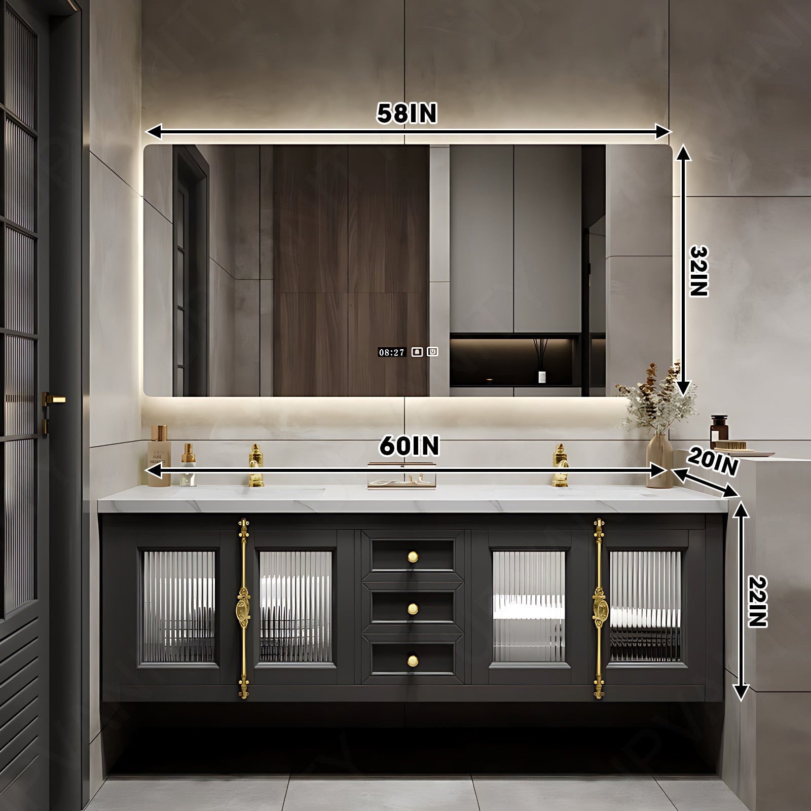 Luxury Bath Vanity Set, Black, Gold Accents, 56"- 78", Double, Floating, Glass Door, Smart LED Mirror