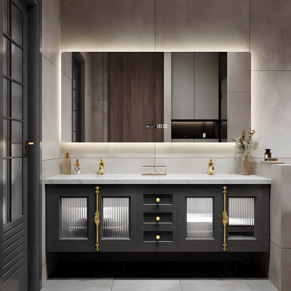 Luxury Bath Vanity Set, Black, Gold Accents, 56"- 78", Double, Floating, Glass Door, Smart LED Mirror