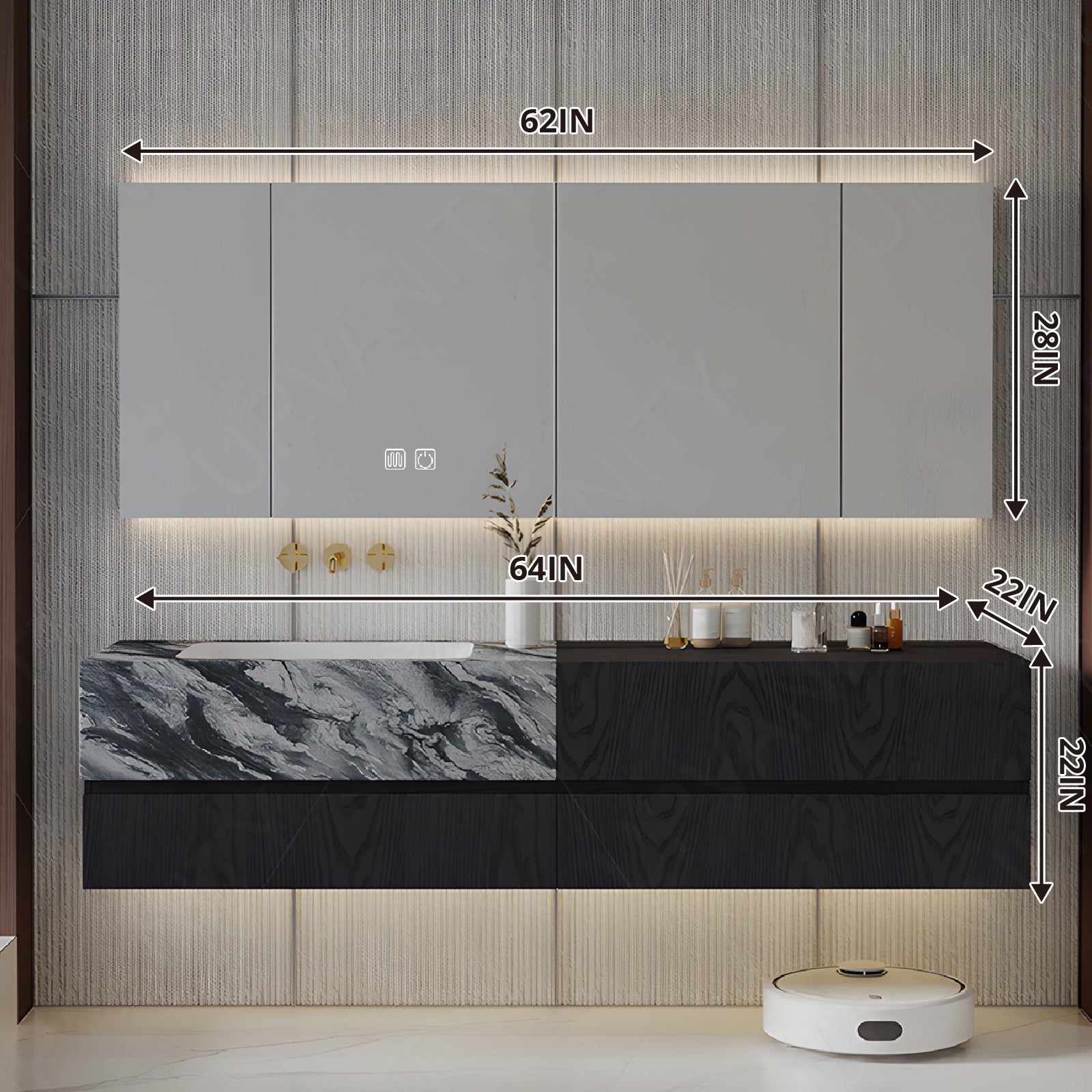 Luxury Bath Vanity Set, Black, Marble Textured Top, 52"-78", Single, Floating, Smart LED Mirror, Rear Cabinet