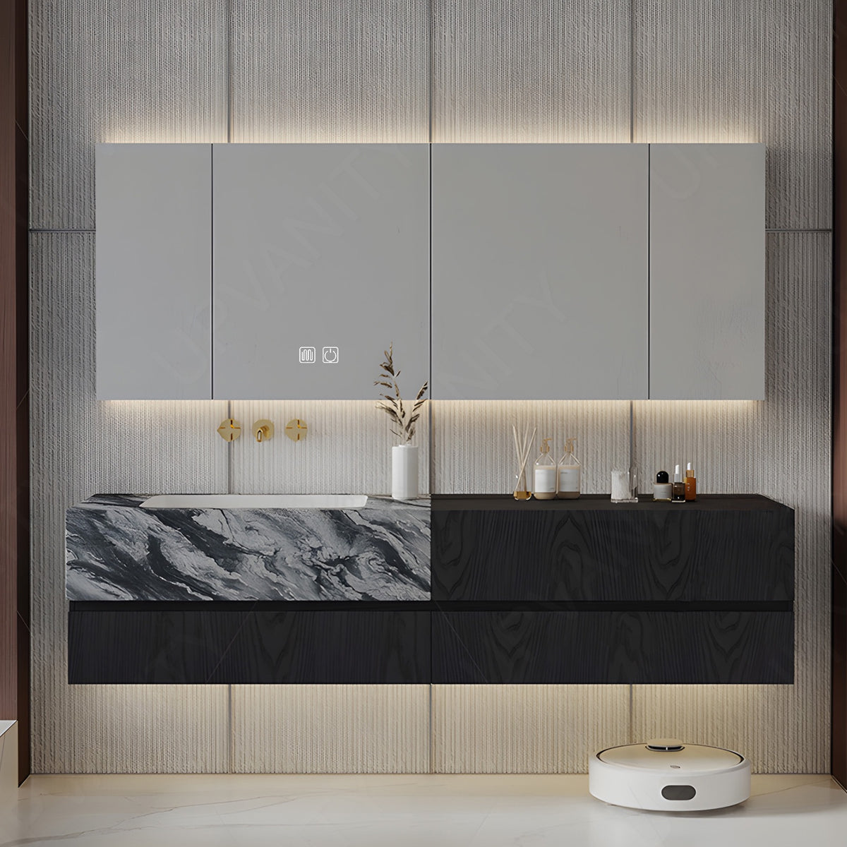 Luxury Bath Vanity Set, Black, Marble Textured Top, 52"-78", Single, Floating, Smart LED Mirror, Rear Cabinet