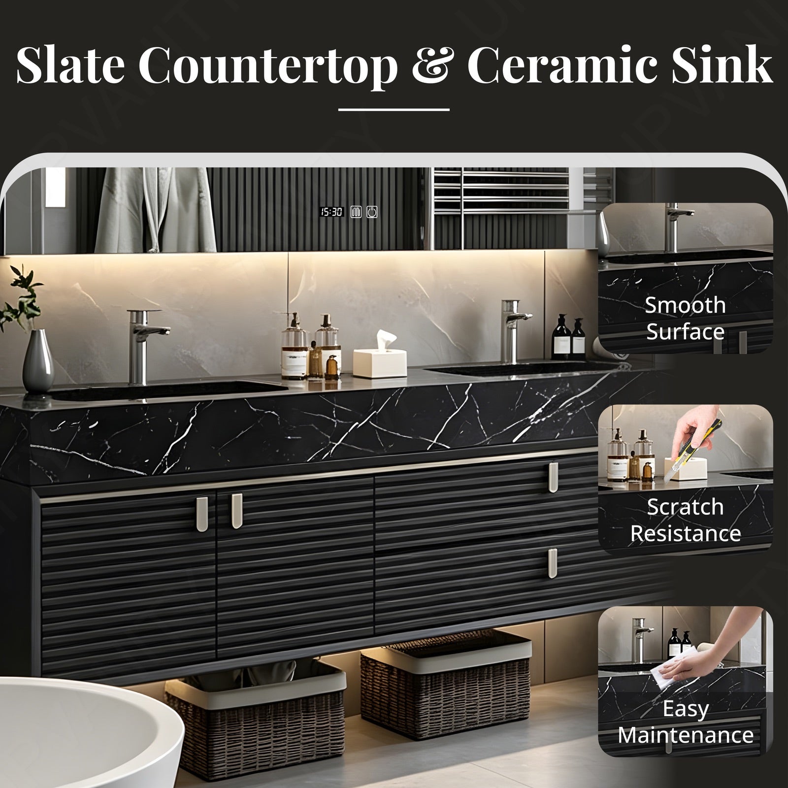 Luxury Bath Vanity Set, Black, Striped Panel, 56"- 78", Double, Floating, Smart LED Mirror, Rear Cabinet