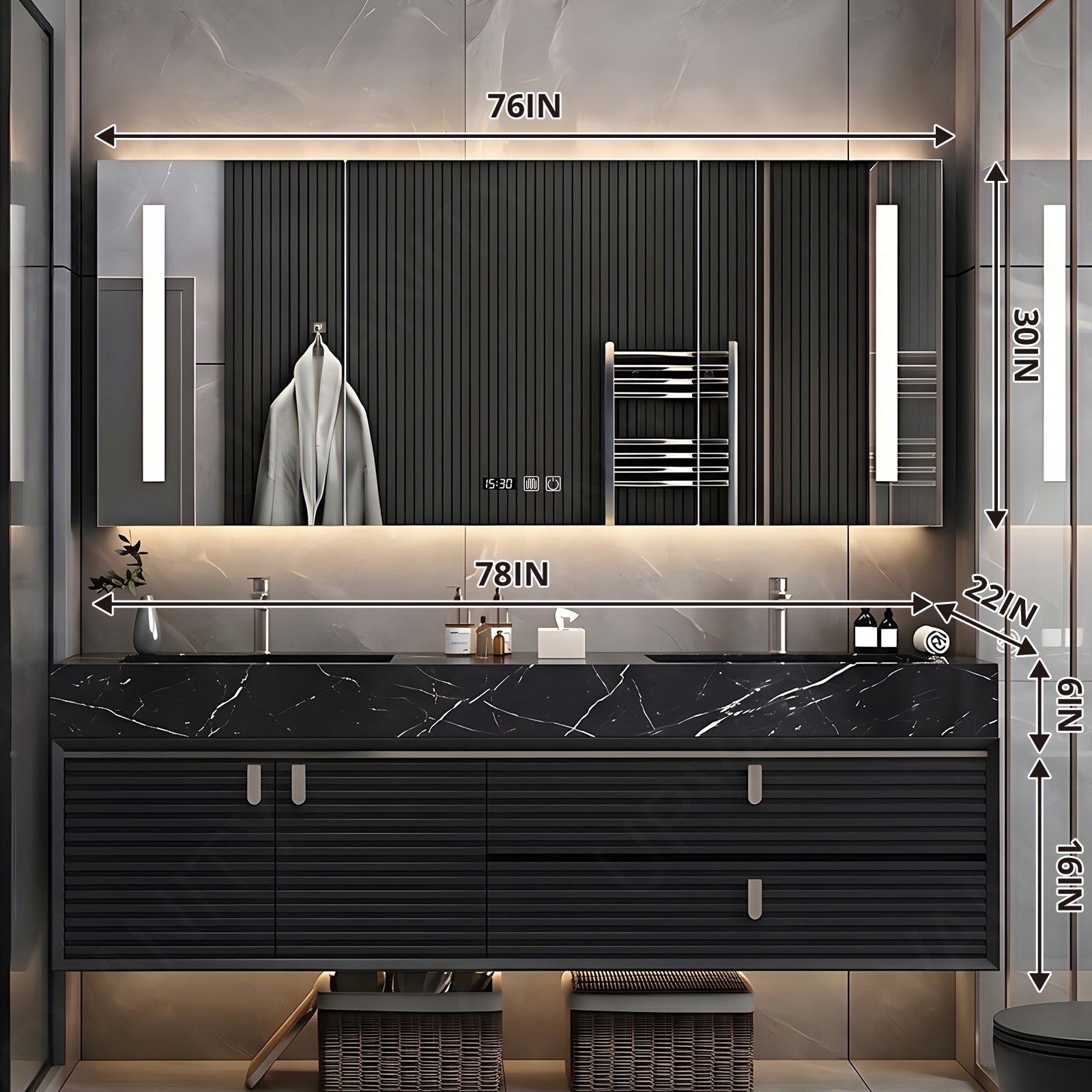 Luxury Bath Vanity Set, Black, Striped Panel, 56"- 78", Double, Floating, Smart LED Mirror, Rear Cabinet