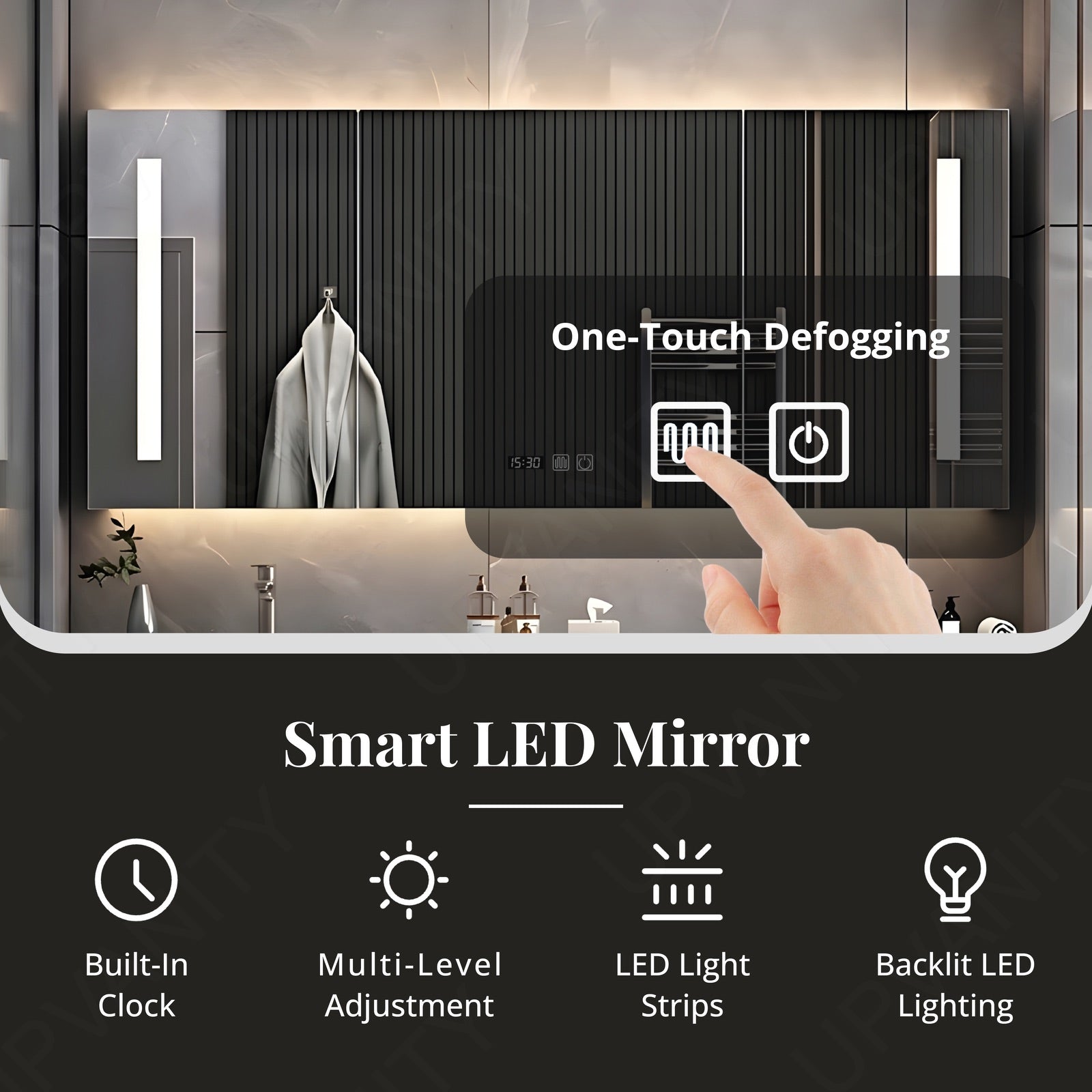 Luxury Bath Vanity Set, Black, Striped Panel, 56"- 78", Double, Floating, Smart LED Mirror, Rear Cabinet