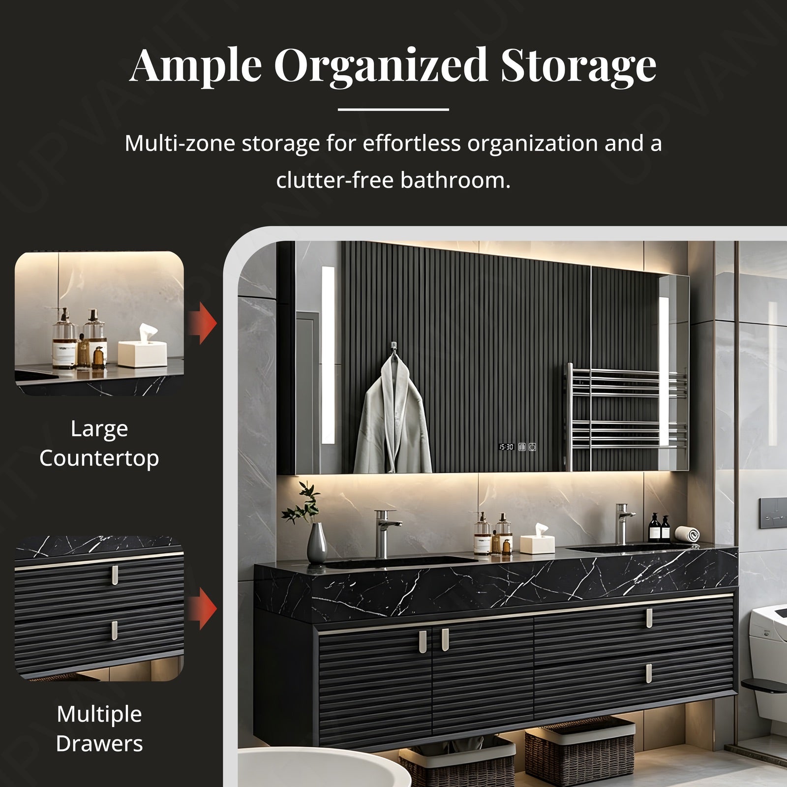 Luxury Bath Vanity Set, Black, Striped Panel, 56"- 78", Double, Floating, Smart LED Mirror, Rear Cabinet
