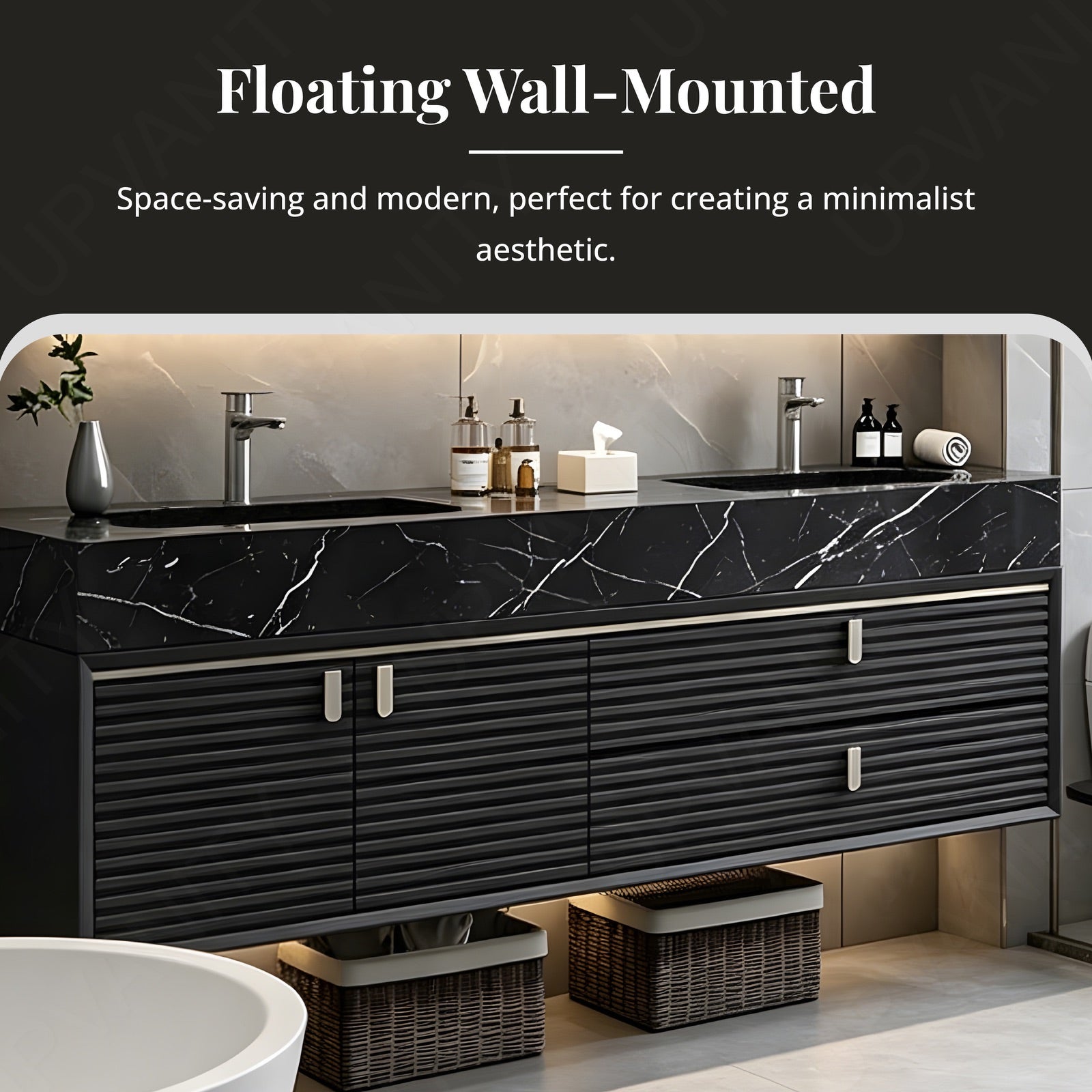 Luxury Bath Vanity Set, Black, Striped Panel, 56"- 78", Double, Floating, Smart LED Mirror, Rear Cabinet