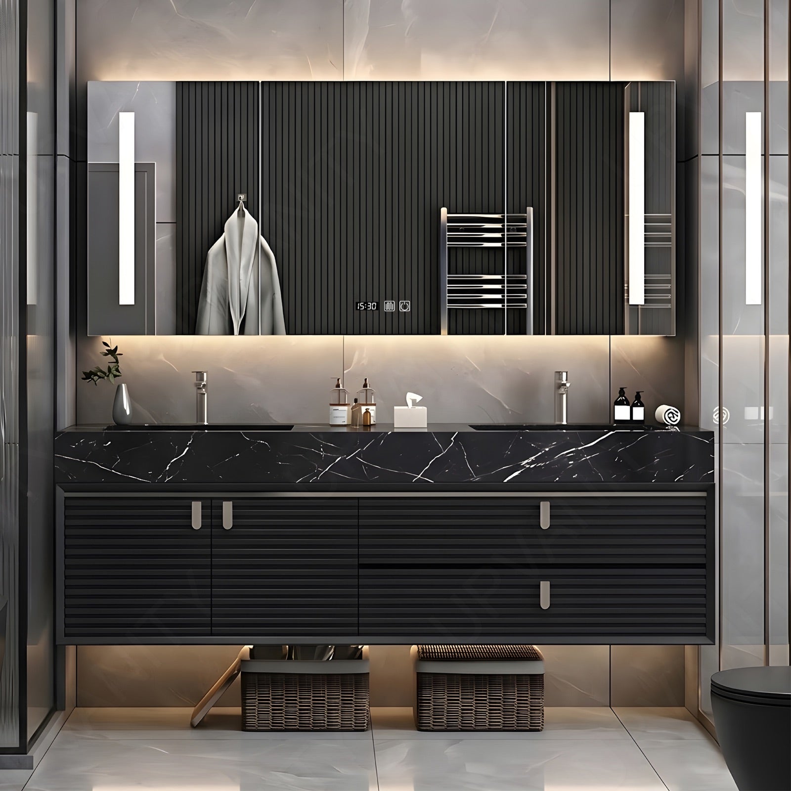 Luxury Bath Vanity Set, Black, Striped Panel, 56"- 78", Double, Floating, Smart LED Mirror, Rear Cabinet