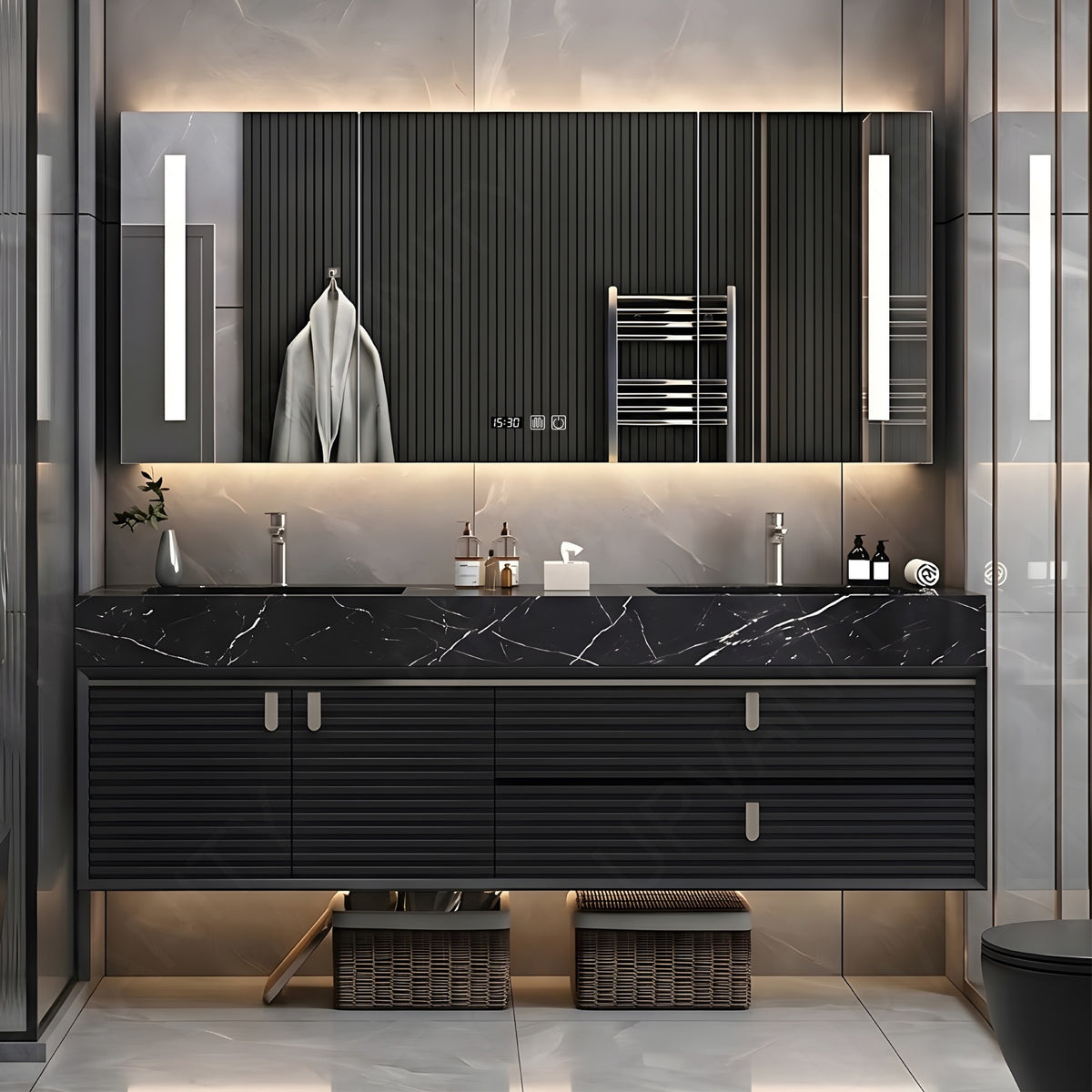 Luxury Bath Vanity Set, Black, Striped Panel, 56"- 78", Double, Floating, Smart LED Mirror, Rear Cabinet