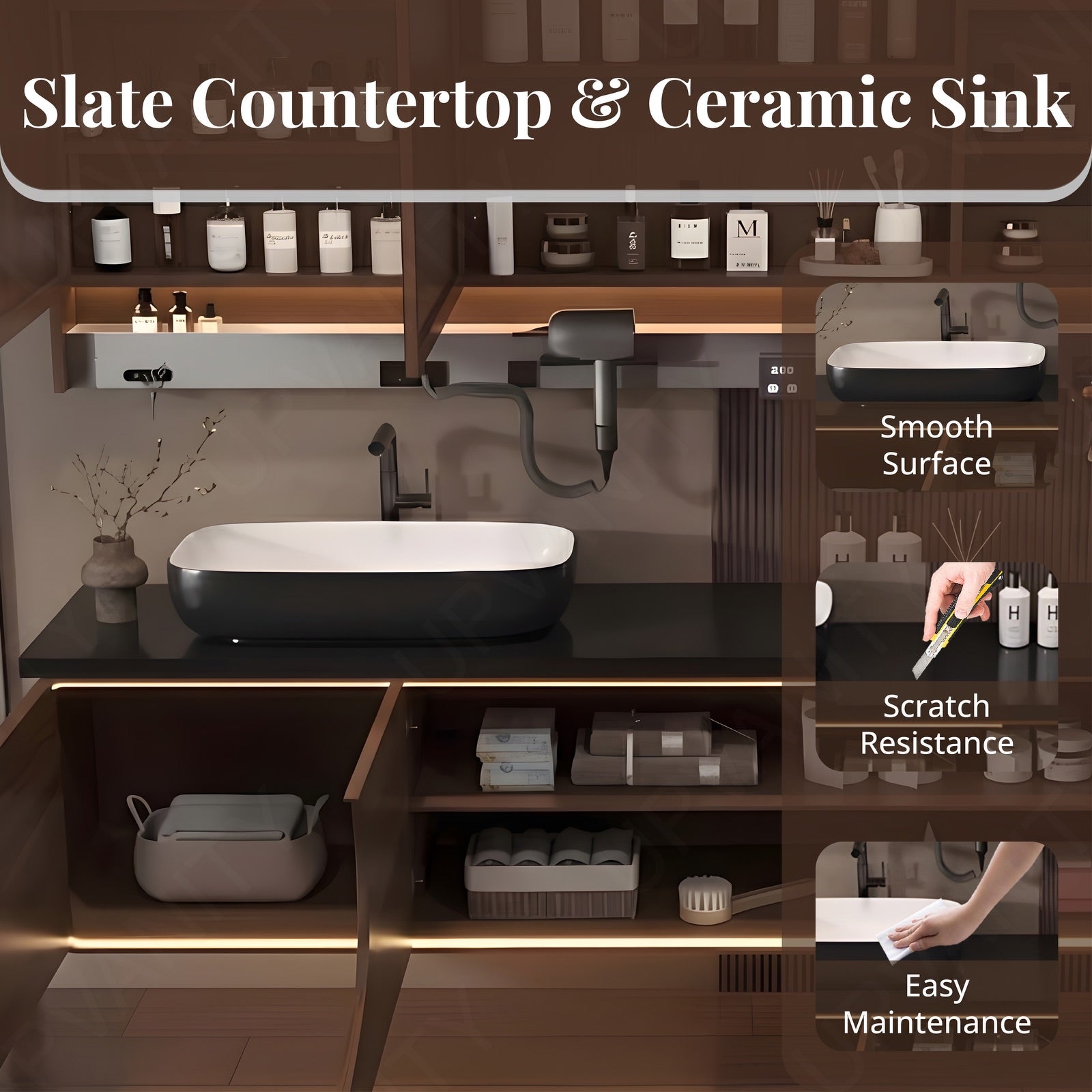Luxury Bath Vanity Set, Brown, Black Slate Top, 32"-72", Single Vessel Sink, Floating, Open Storage, Smart LED Mirror, Rear Cabinet, Storage Rack