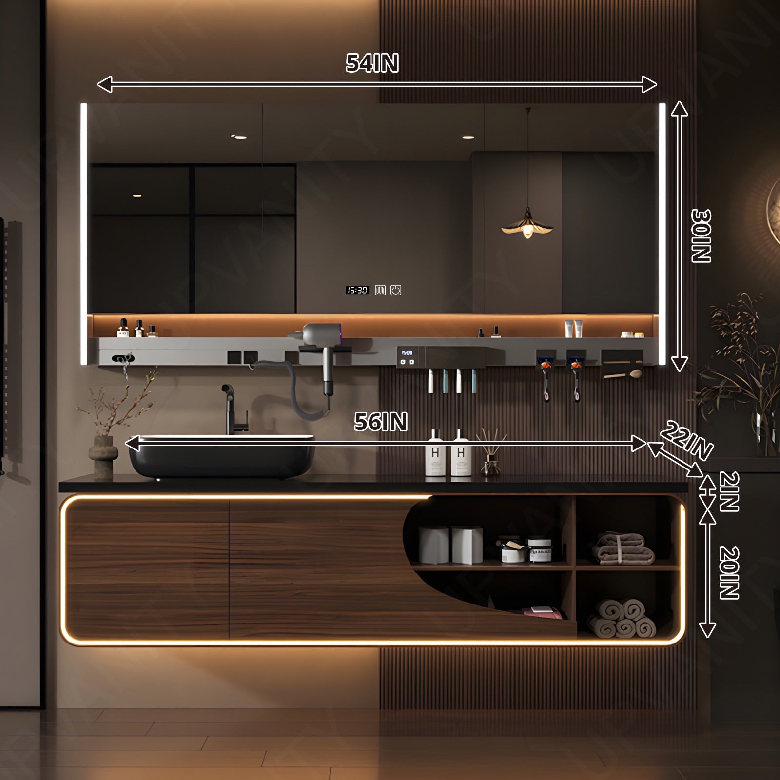 Luxury Bath Vanity Set, Brown, Black Slate Top, 32"-72", Single Vessel Sink, Floating, Open Storage, Smart LED Mirror, Rear Cabinet, Storage Rack