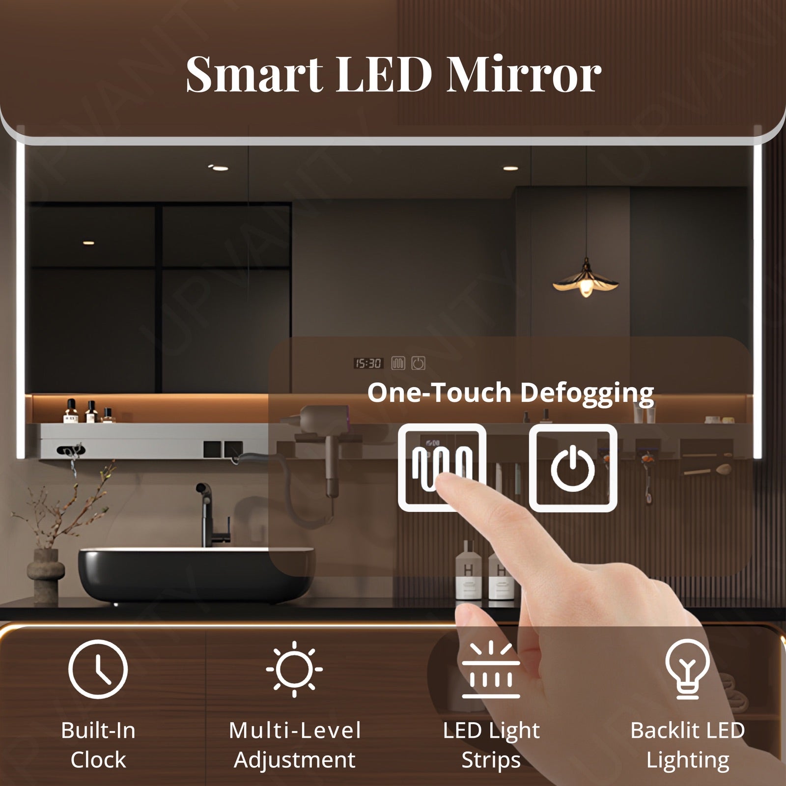 Luxury Bath Vanity Set, Brown, Black Slate Top, 32"-72", Single Vessel Sink, Floating, Open Storage, Smart LED Mirror, Rear Cabinet, Storage Rack