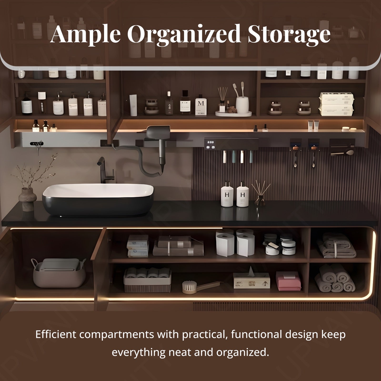Luxury Bath Vanity Set, Brown, Black Slate Top, 32"-72", Single Vessel Sink, Floating, Open Storage, Smart LED Mirror, Rear Cabinet, Storage Rack