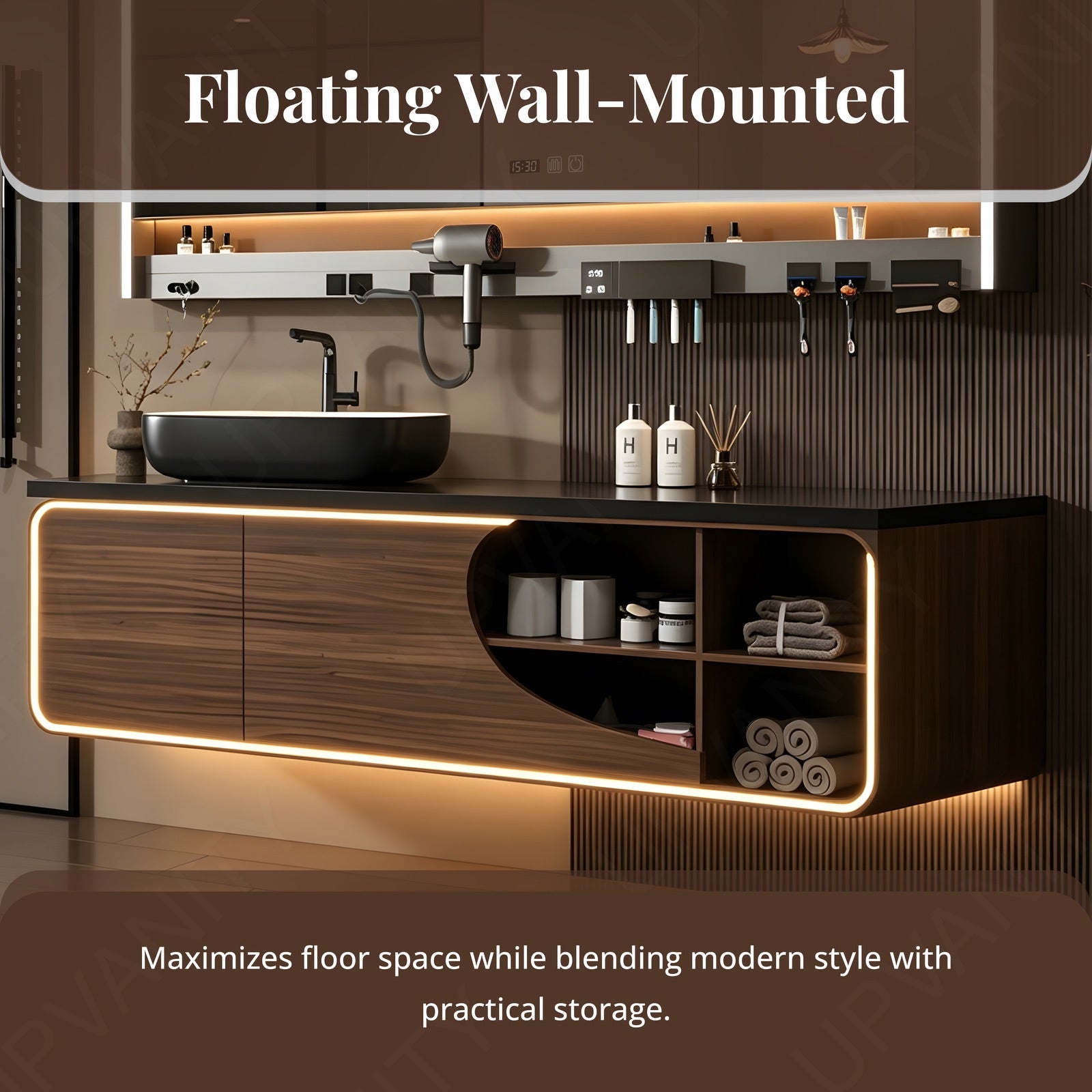Luxury Bath Vanity Set, Brown, Black Slate Top, 32"-72", Single Vessel Sink, Floating, Open Storage, Smart LED Mirror, Rear Cabinet, Storage Rack