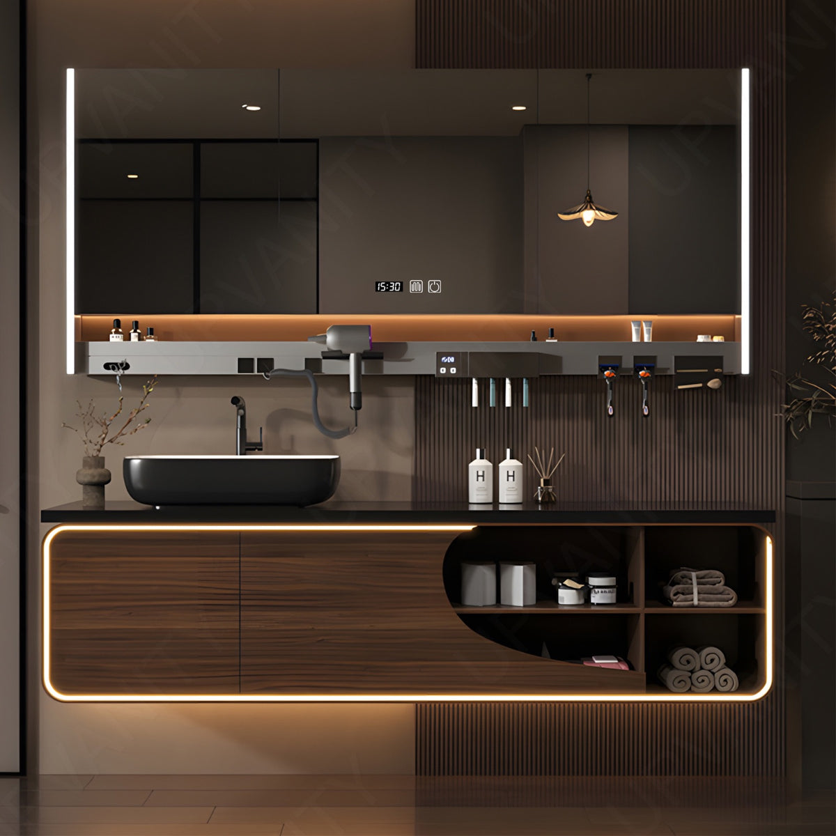 Luxury Bath Vanity Set, Brown, Black Slate Top, 32"-72", Single Vessel Sink, Floating, Open Storage, Smart LED Mirror, Rear Cabinet, Storage Rack