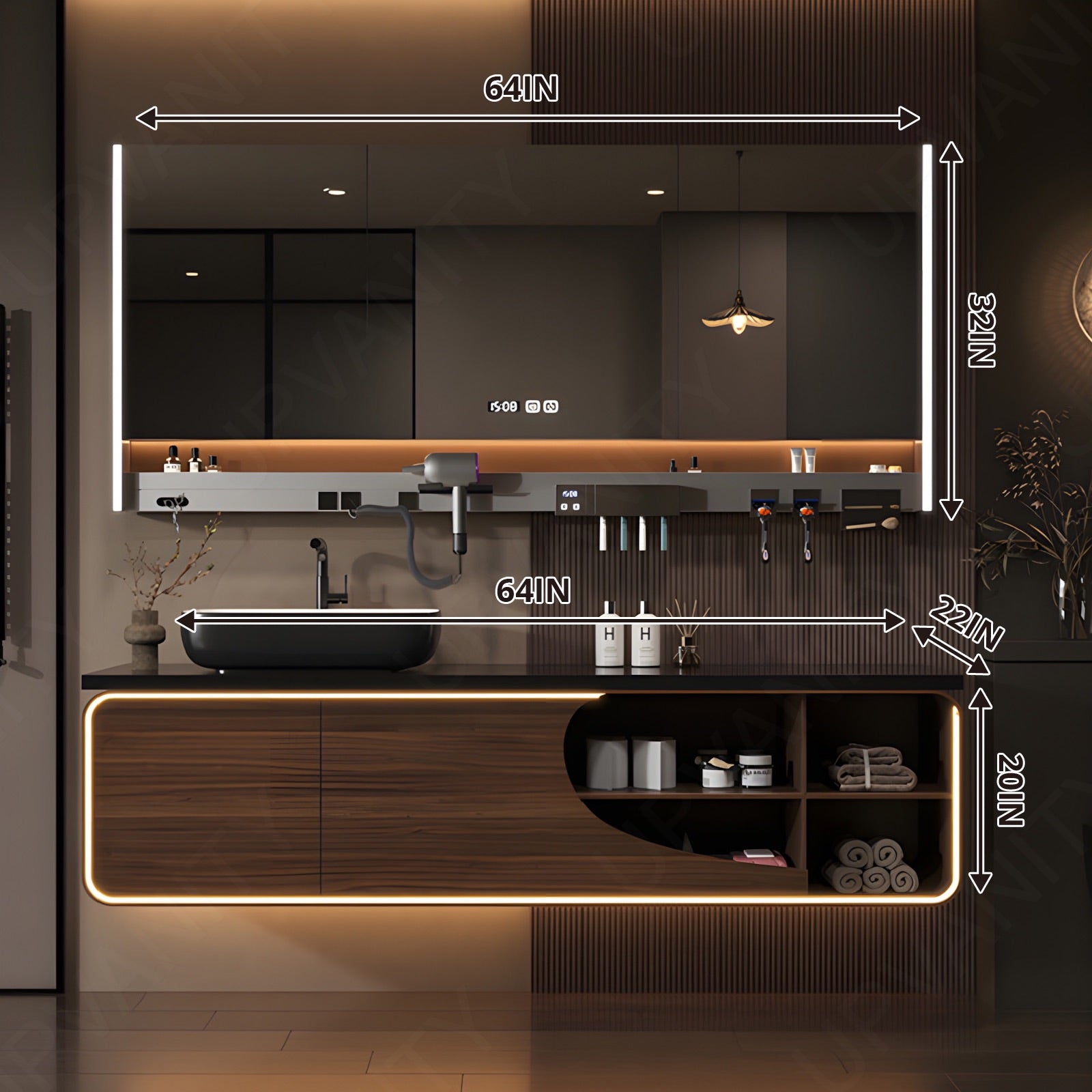 Luxury Bath Vanity Set, Brown, Black Slate Top, 48"-72", Single Vessel Sink, Floating, Open Storage, Smart LED Mirror, Rear Cabinet, Storage Rack