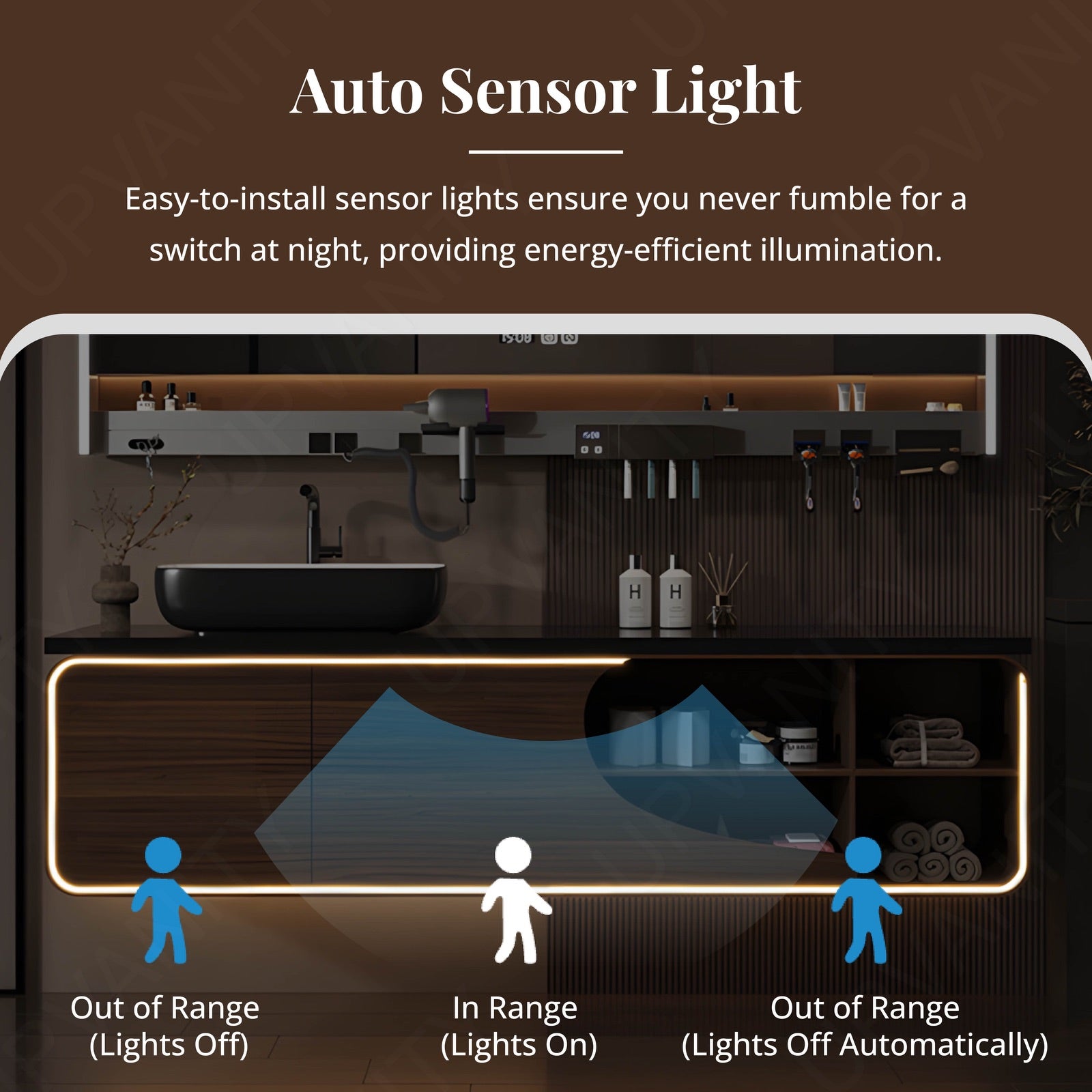 Luxury Bath Vanity Set, Brown, Black Slate Top, 48"-72", Single Vessel Sink, Floating, Open Storage, Smart LED Mirror, Rear Cabinet, Storage Rack