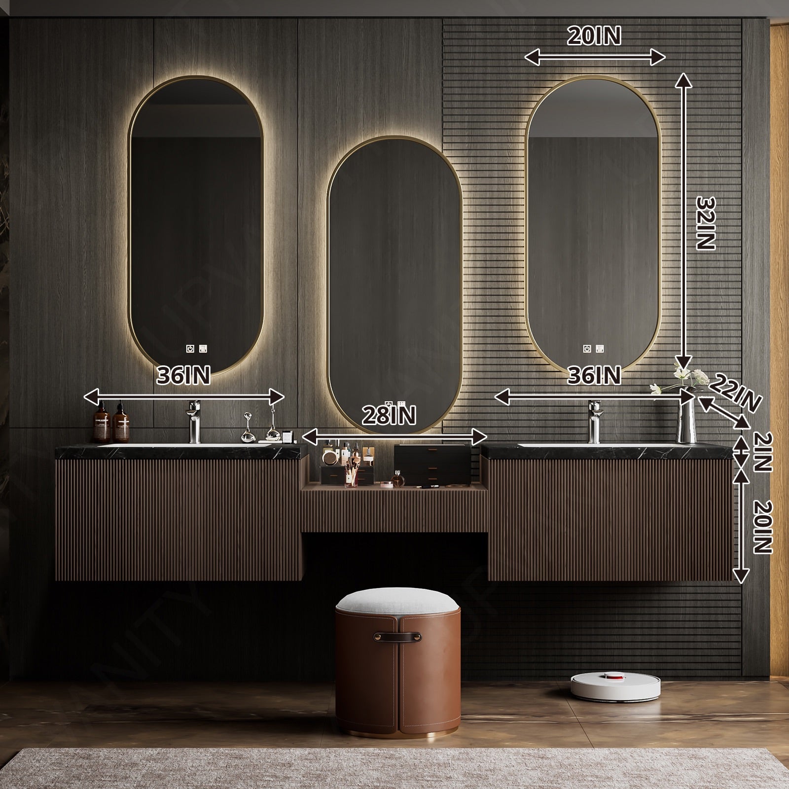 Luxury Bath Vanity Set, Brown, Makeup Table, 80"-104", Double, Floating, Fluted Panel, Oval Smart LEN Mirror