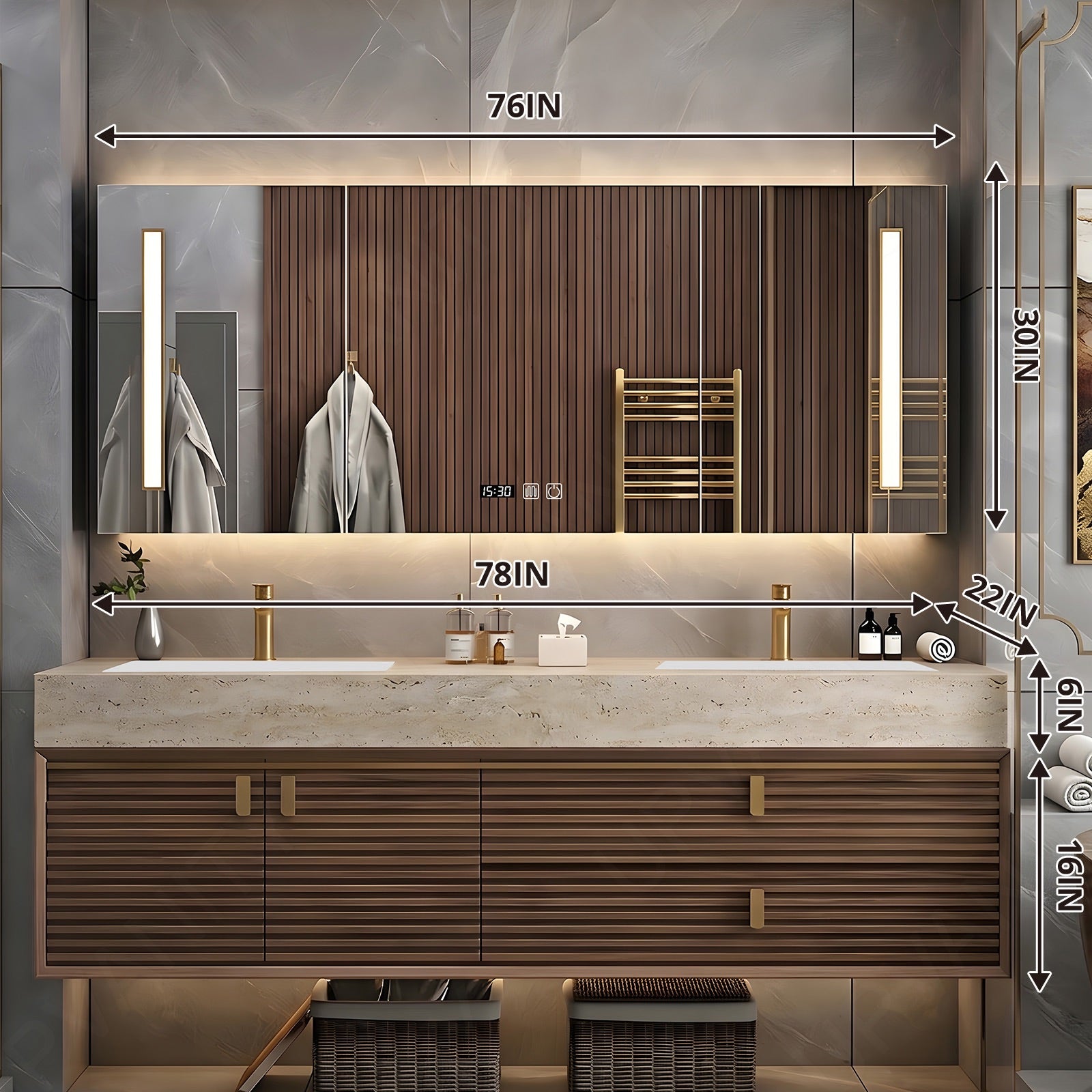 Luxury Bath Vanity Set, Brown, Striped Panel, Gold Accents, 56"- 78", Double, Floating, Smart LED Mirror, Rear Cabinet