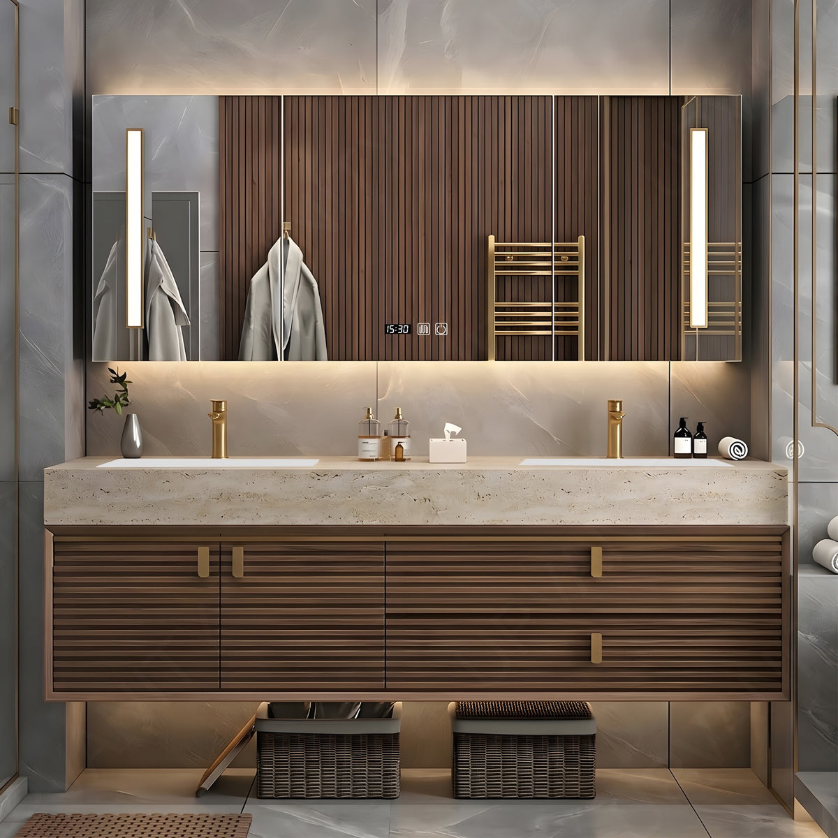 Luxury Bath Vanity Set, Brown, Striped Panel, Gold Accents, 56"- 78", Double, Floating, Smart LED Mirror, Rear Cabinet