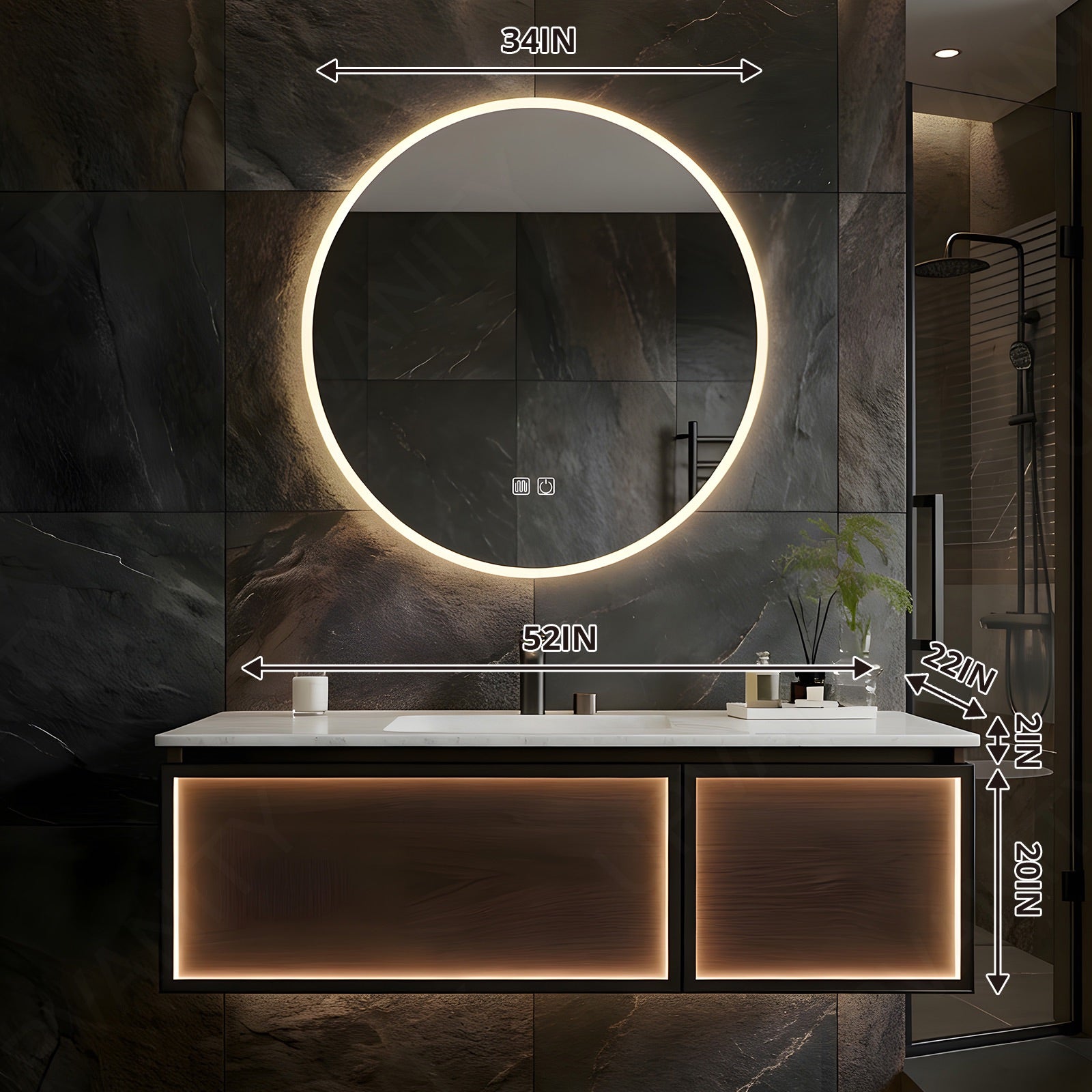 Luxury Bath Vanity Set, Brown, White Slate Top, 40"-56", Single, Floating, Round Smart LED Mirror, Sensor Light