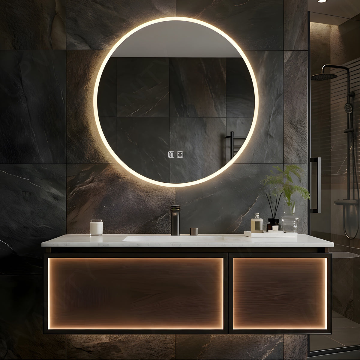 Luxury Bath Vanity Set, Brown, White Slate Top, 40"-56", Single, Floating, Round Smart LED Mirror, Sensor Light