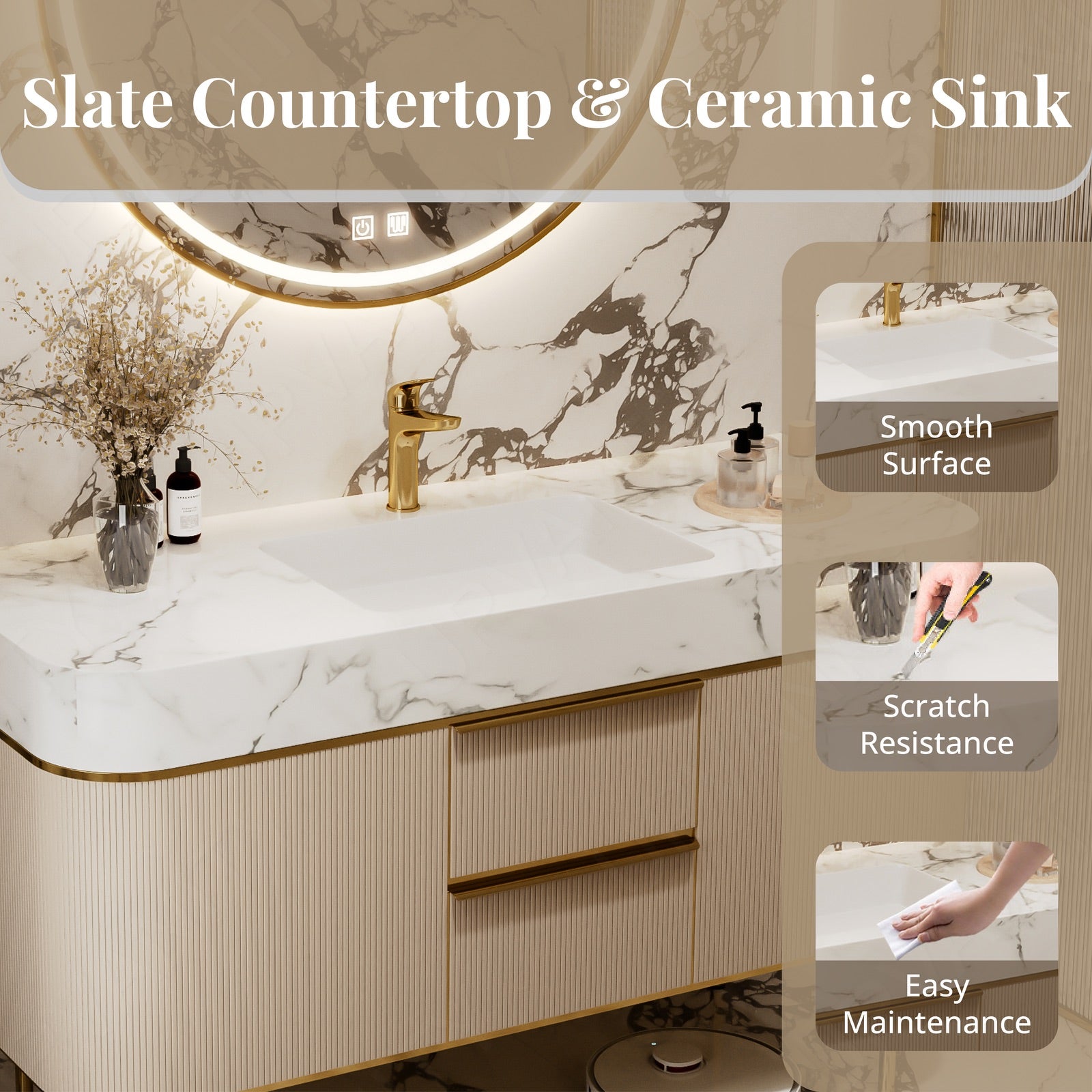 Luxury Bath Vanity Set, Gold, Marble Textured Top, 44"-68", Single, Freestanding, Fluted Panel, Round Smart LED MIrror