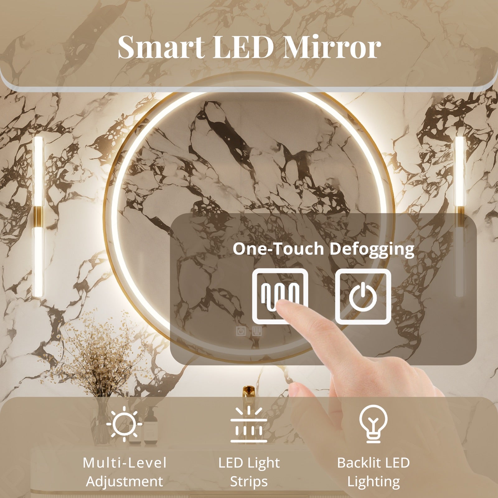 Luxury Bath Vanity Set, Gold, Marble Textured Top, 44"-68", Single, Freestanding, Fluted Panel, Round Smart LED MIrror