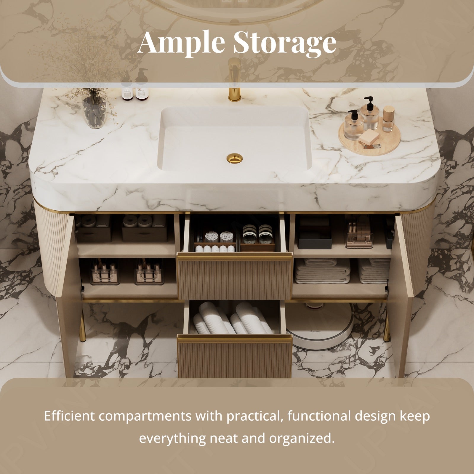 Luxury Bath Vanity Set, Gold, Marble Textured Top, 44"-68", Single, Freestanding, Fluted Panel, Round Smart LED MIrror