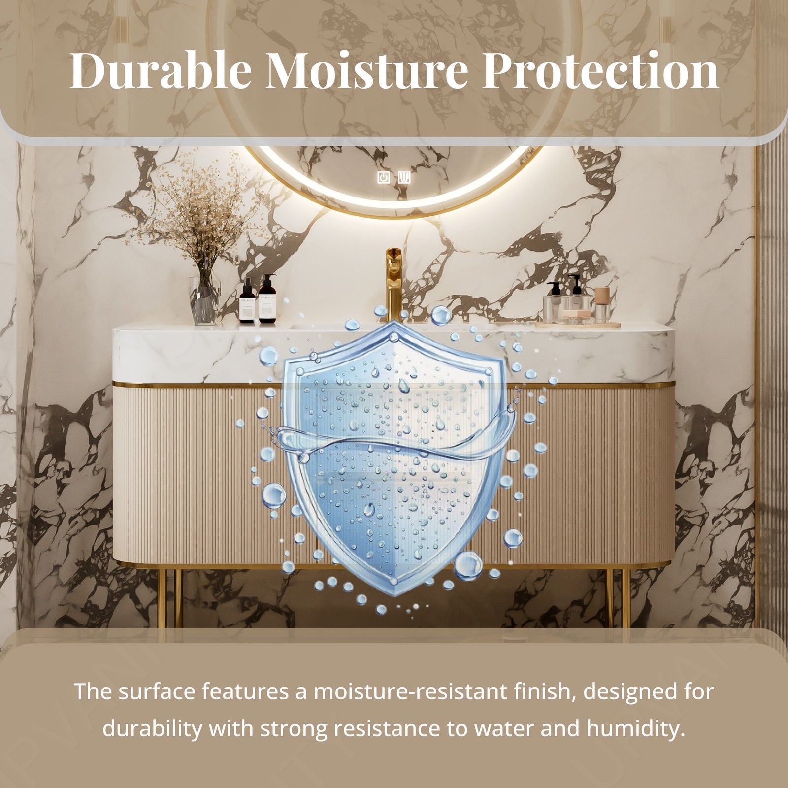 Luxury Bath Vanity Set, Gold, Marble Textured Top, 44"-68", Single, Freestanding, Fluted Panel, Round Smart LED MIrror