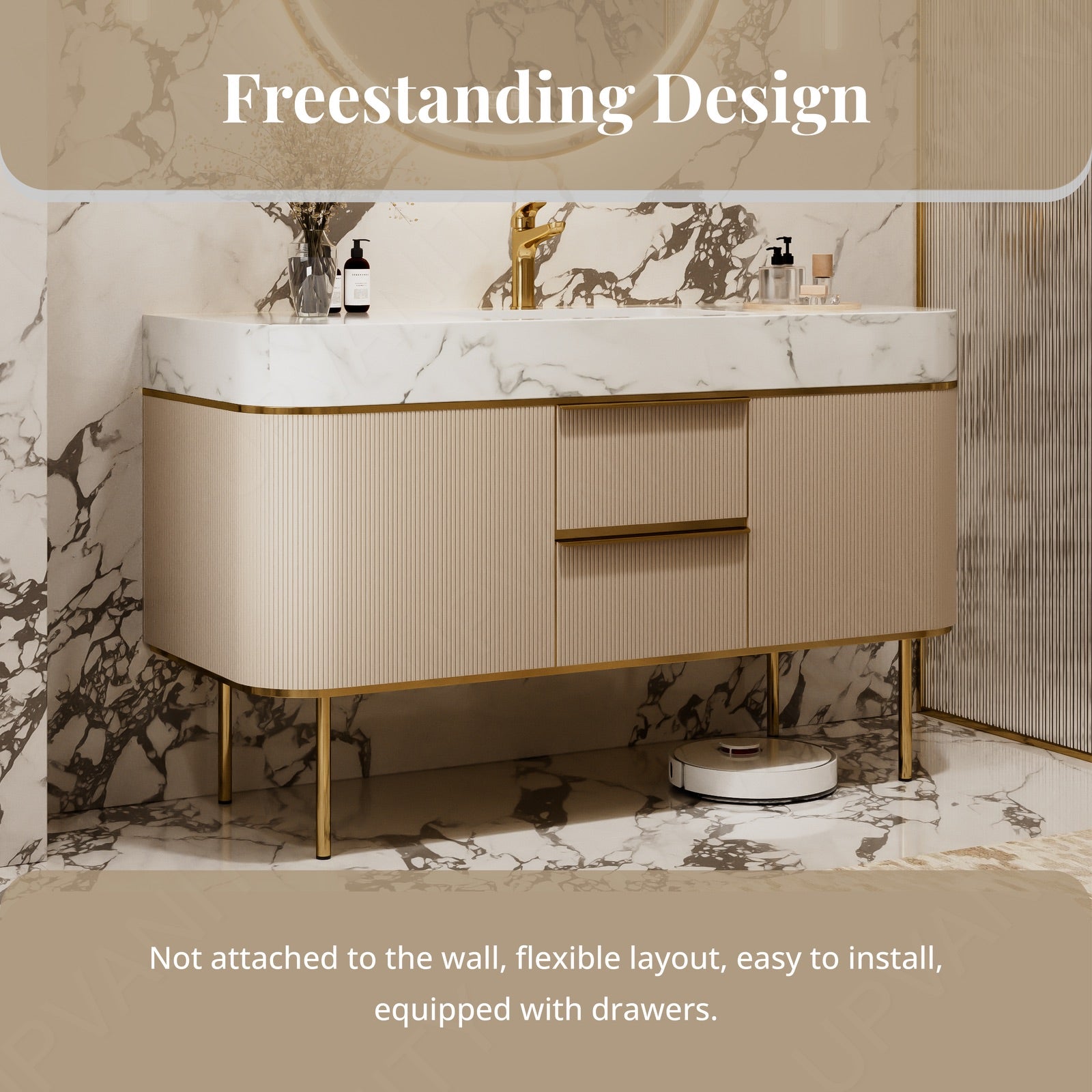 Luxury Bath Vanity Set, Gold, Marble Textured Top, 44"-68", Single, Freestanding, Fluted Panel, Round Smart LED MIrror
