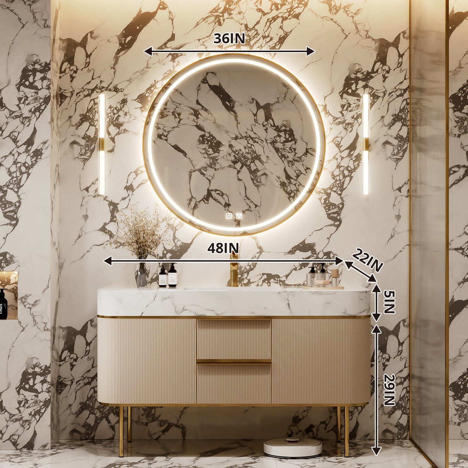 Luxury Bath Vanity Set, Gold, Marble Textured Top, 44"-68", Single, Freestanding, Fluted Panel, Round Smart LED MIrror