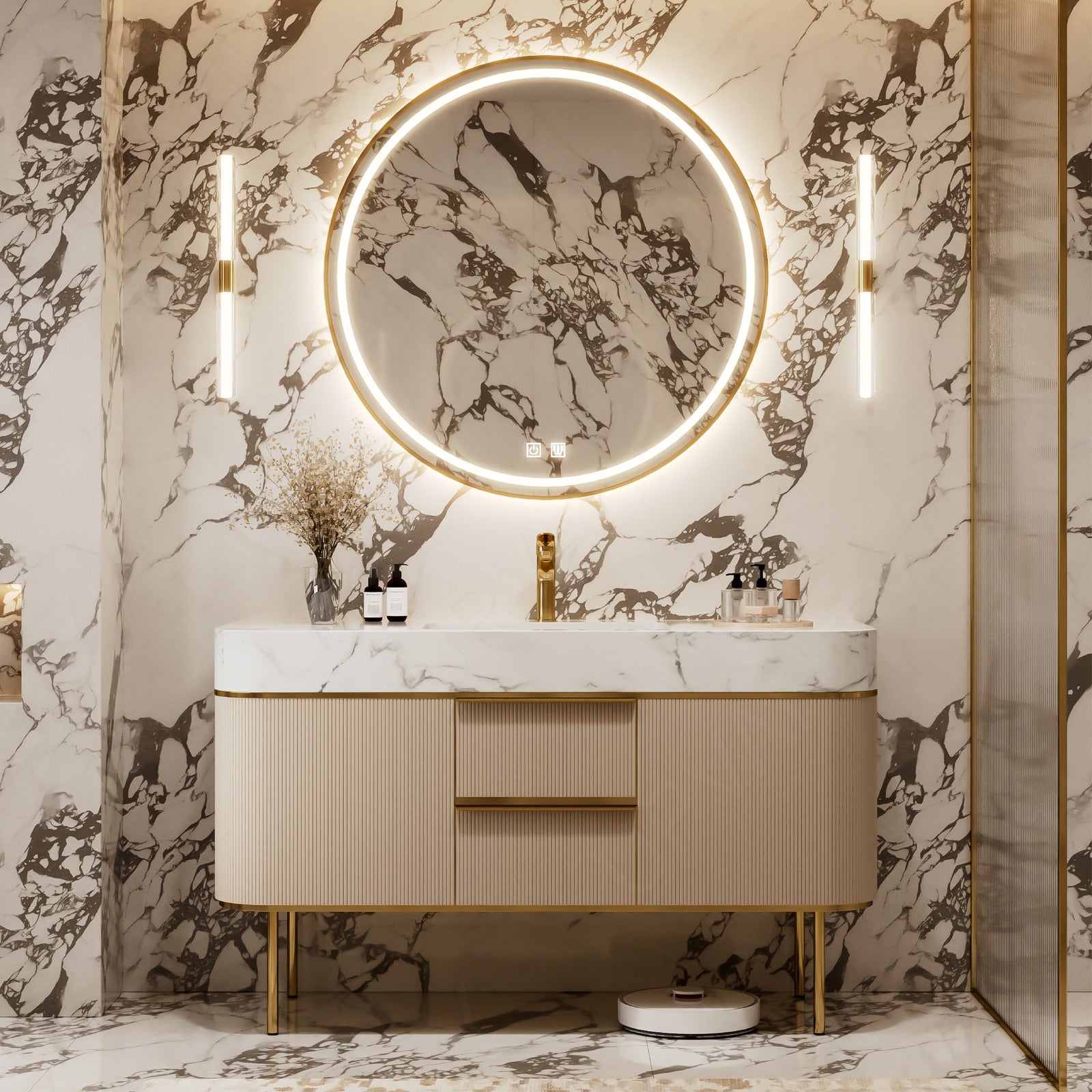 Luxury Bath Vanity Set, Gold, Marble Textured Top, 44"-68", Single, Freestanding, Fluted Panel, Round Smart LED MIrror
