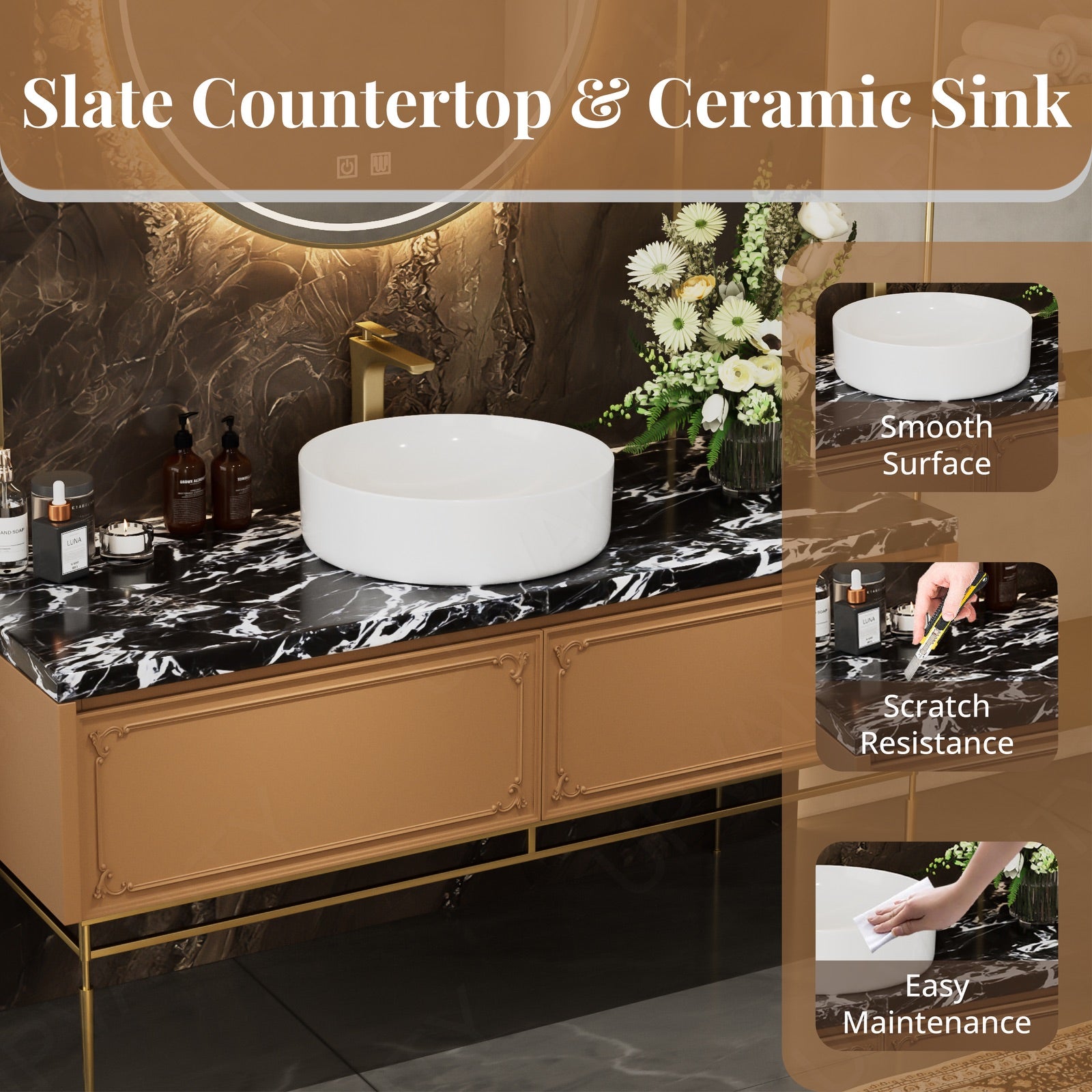 Luxury Bath Vanity Set, Gold, Marble Textured Top, 52"-78", Single Vessel Sink, Freestanding, Round Smart LED Mirror