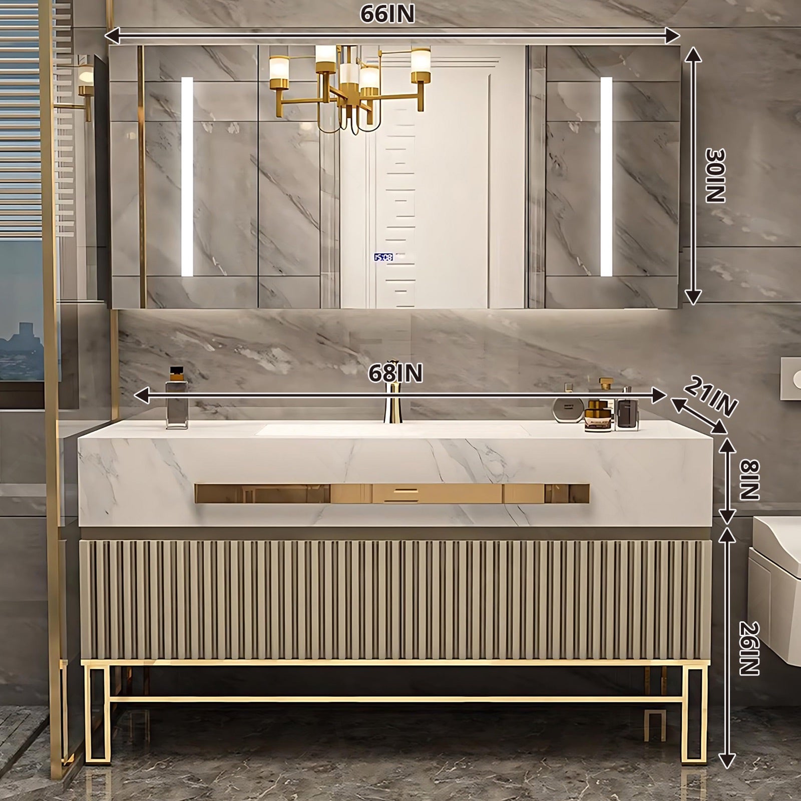 Luxury Bath Vanity Set, Gold, Striped Panel, 32"- 68", Single, Freestanding, Smart LED Mirror, Rear Cabinet