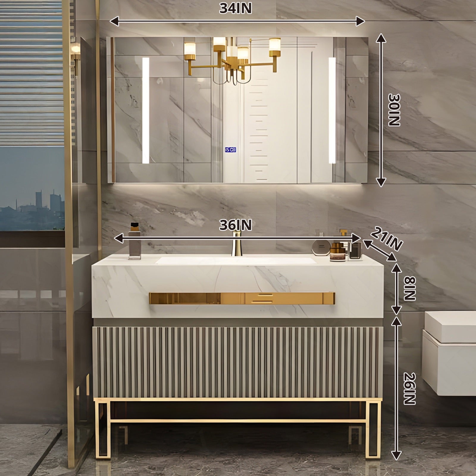 Luxury Bath Vanity Set, Gold, Striped Panel, 32"- 68", Single, Freestanding, Smart LED Mirror, Rear Cabinet