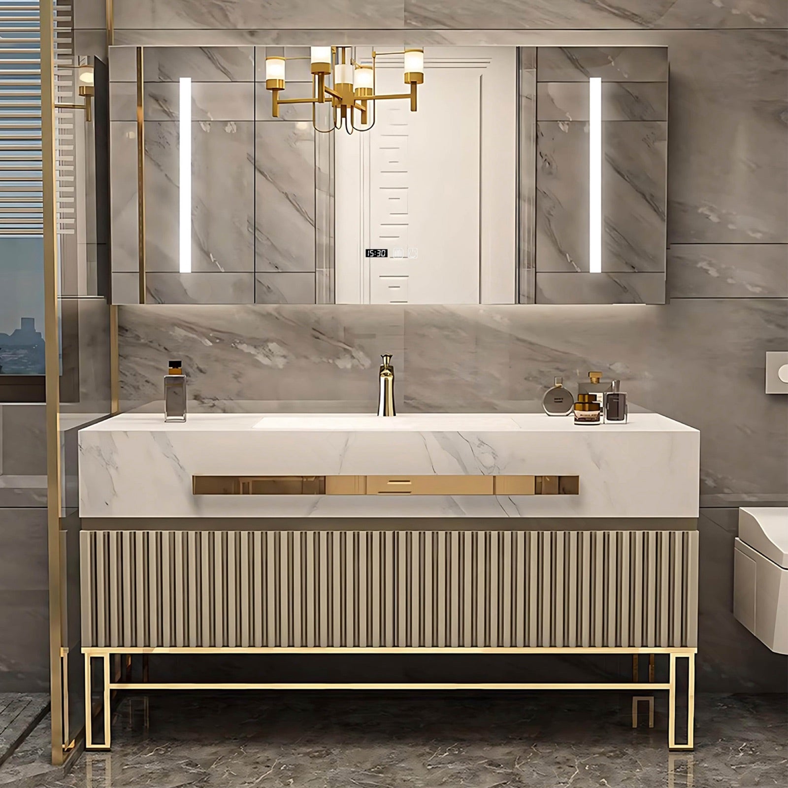 Luxury Bath Vanity Set, Gold, Striped Panel, 32"- 68", Single, Freestanding, Smart LED Mirror, Rear Cabinet